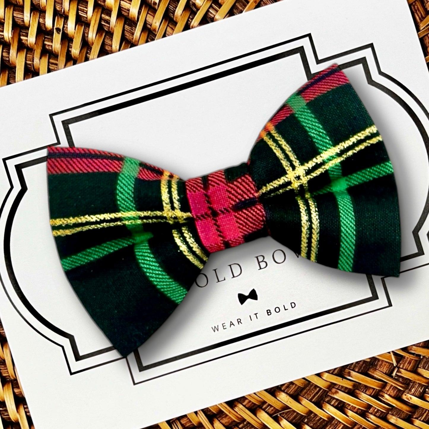 Tartan Plaid Bow Tie for Dog Collar or Cat Collar- Red Green & Gold on a woven background
