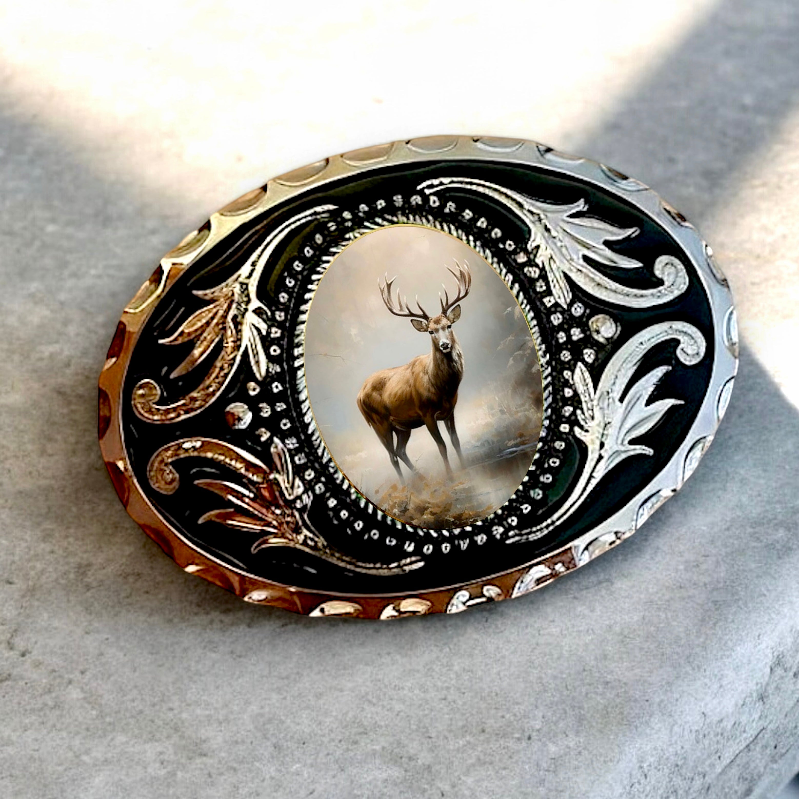 Deer Belt Buckle Cowboy Western Accessory on marble table
