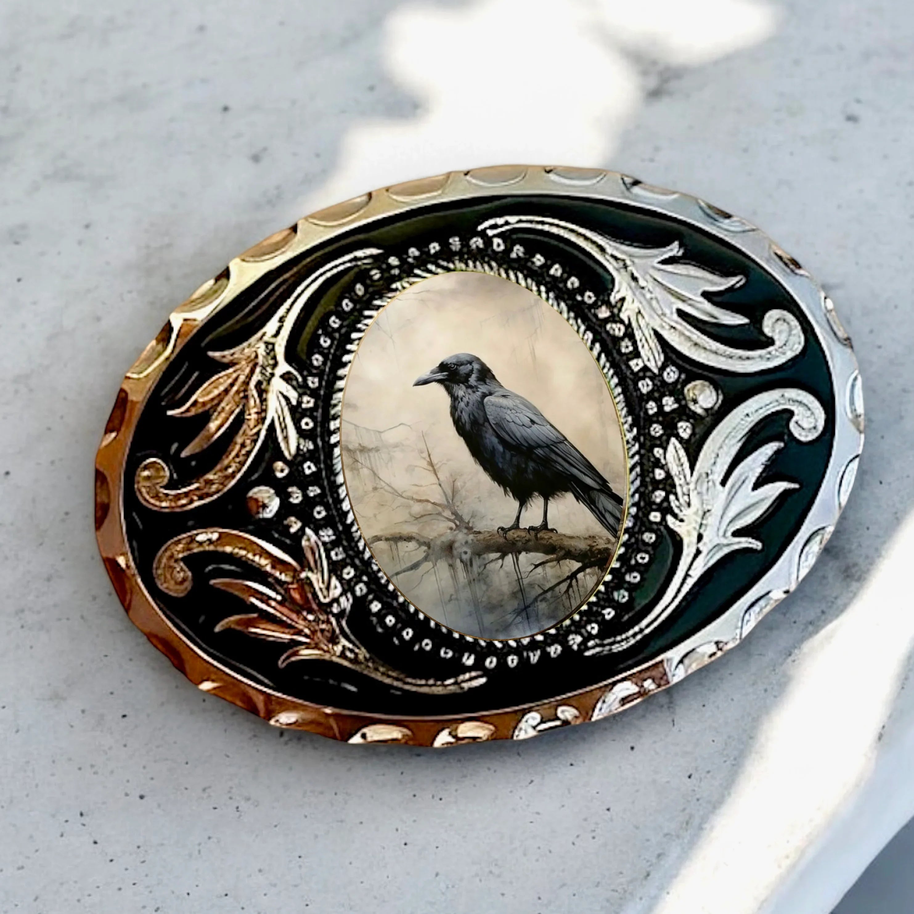 Two options for belt buckles: Option 1 has a leaf pattern and option 2 has flowers on it