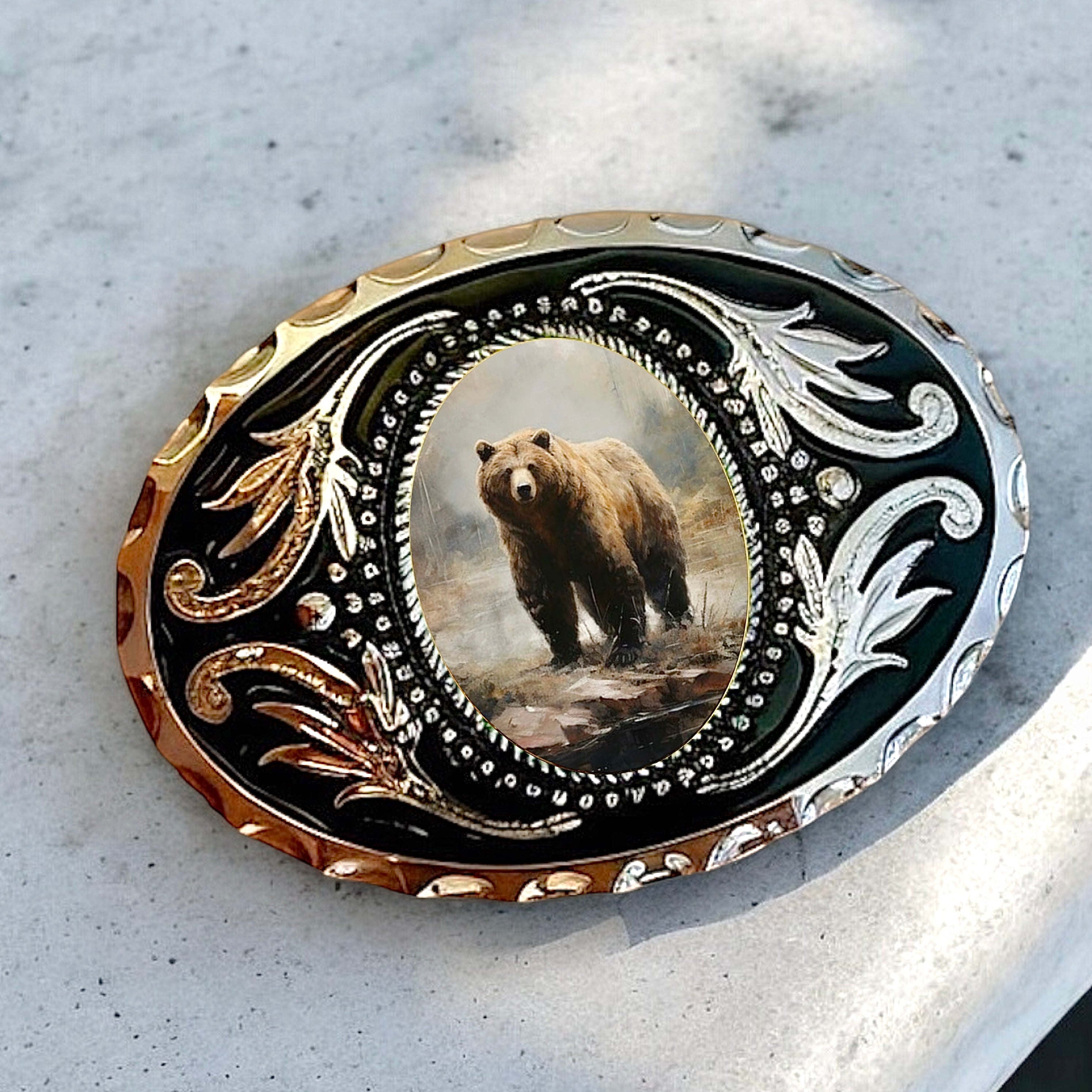 Belt Buckle Western Cowboy Accessory with Grizzly Bear on cement ledge