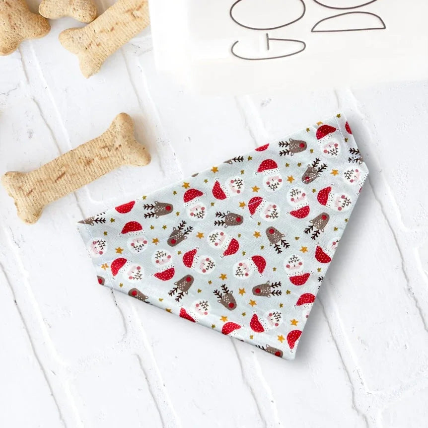 Fluffy tan dog wearing a handmade Stud Muffin dog bandana from The Bold Bow Tie, with product features including handmade design, comfortable collar slide-on fit, high-quality fabric, and sizes for all breeds.