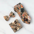 Taupe autumn floral men’s tie, bow tie and pocket square for wedding or special event.