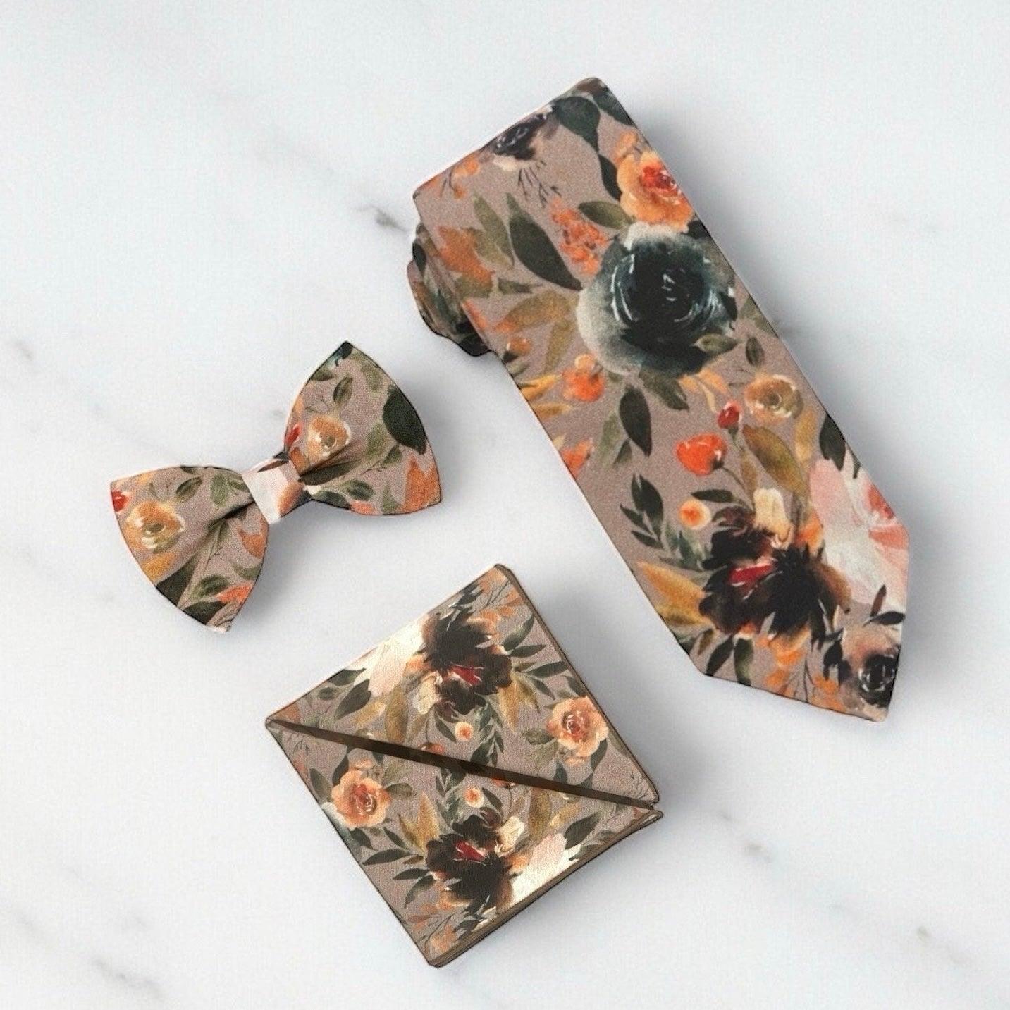 Taupe autumn floral men’s tie, bow tie and pocket square for wedding or special event.