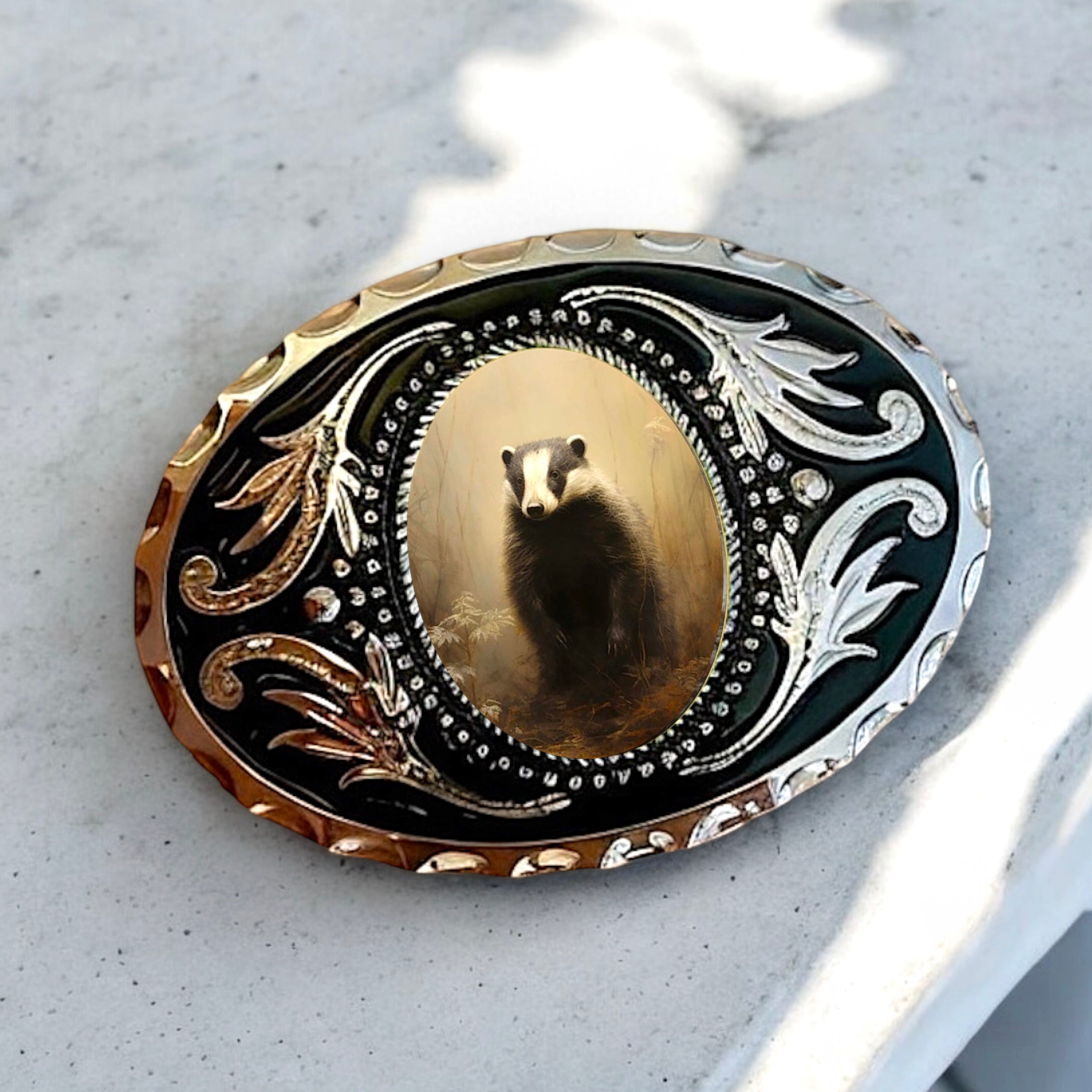 Belt Buckle Cowboy Western Accessory with Badger on a marble counter