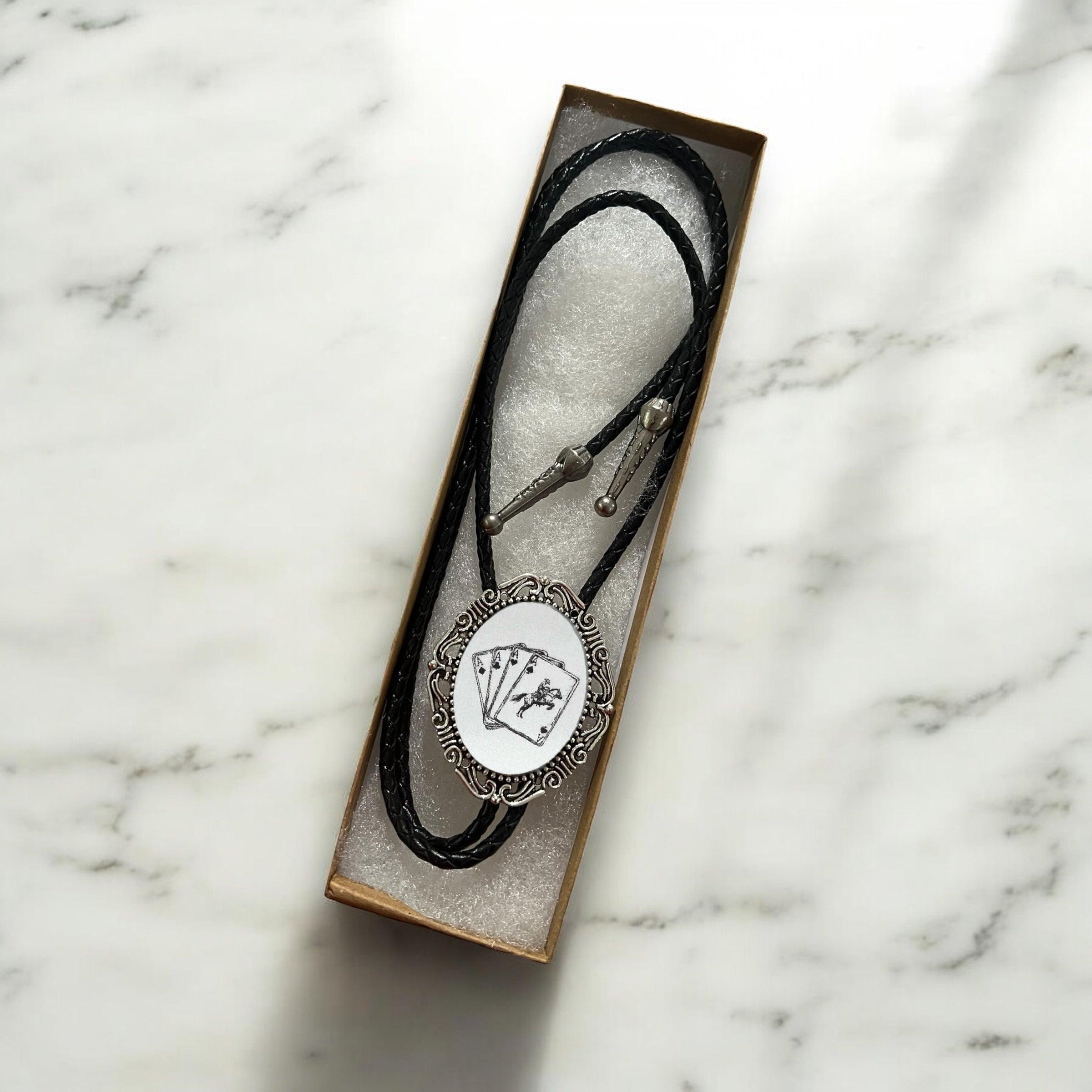 Silver Bolo Tie- Western Cards Cowboy String Tie in gift box