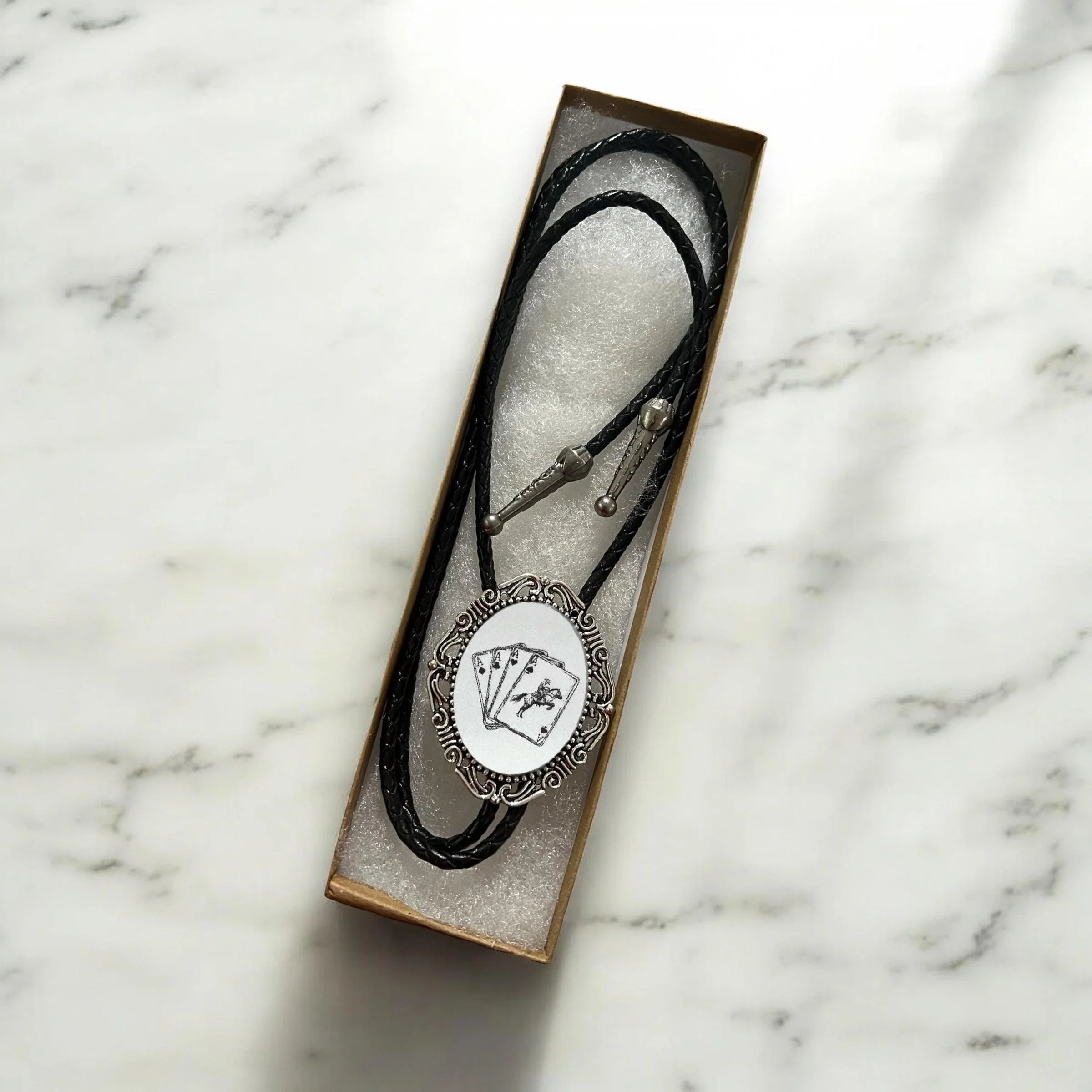 Silver Bolo Tie- Western Cards Cowboy String Tie in gift box