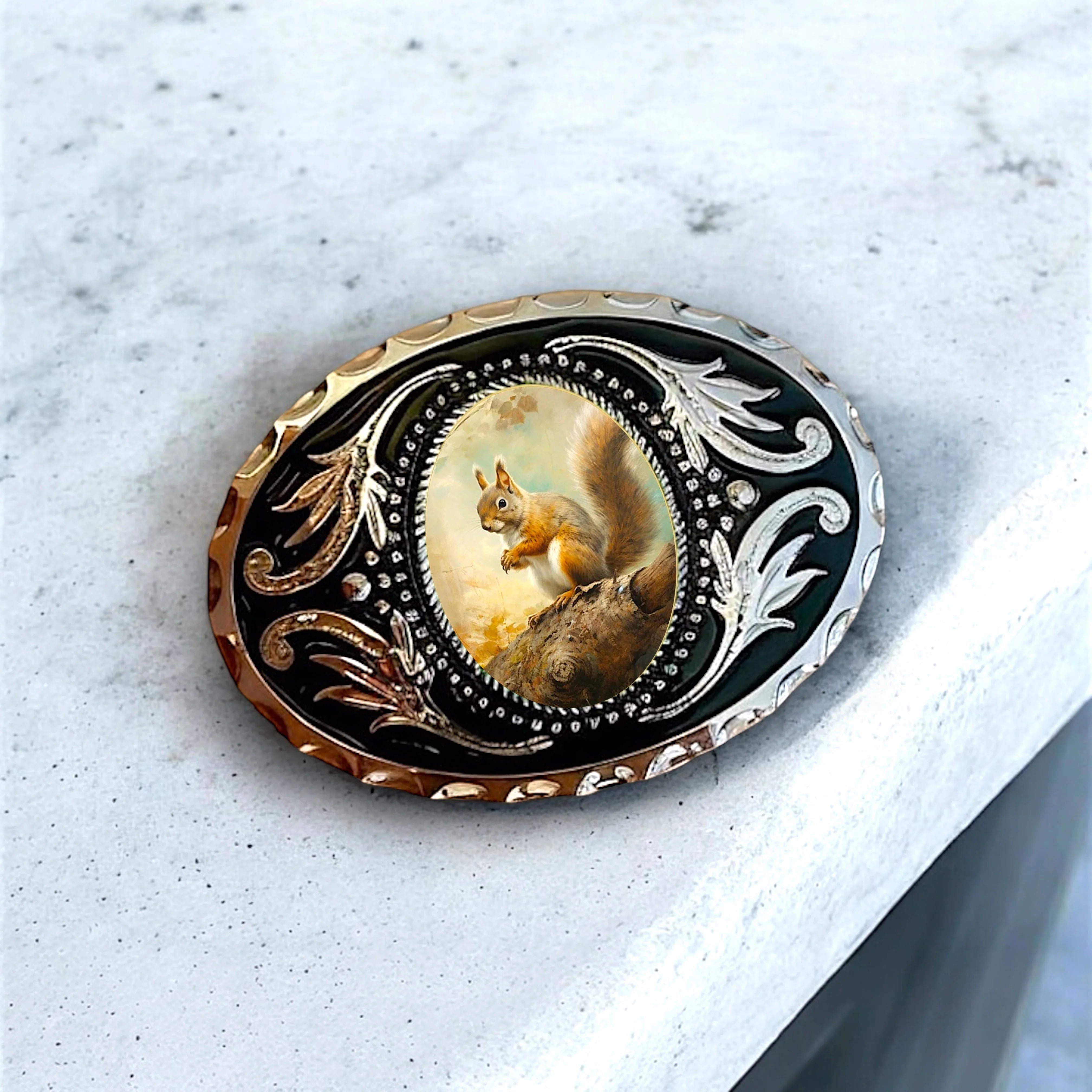 Two options for belt buckles: Option 1 has a leaf pattern and option 2 has flowers on it