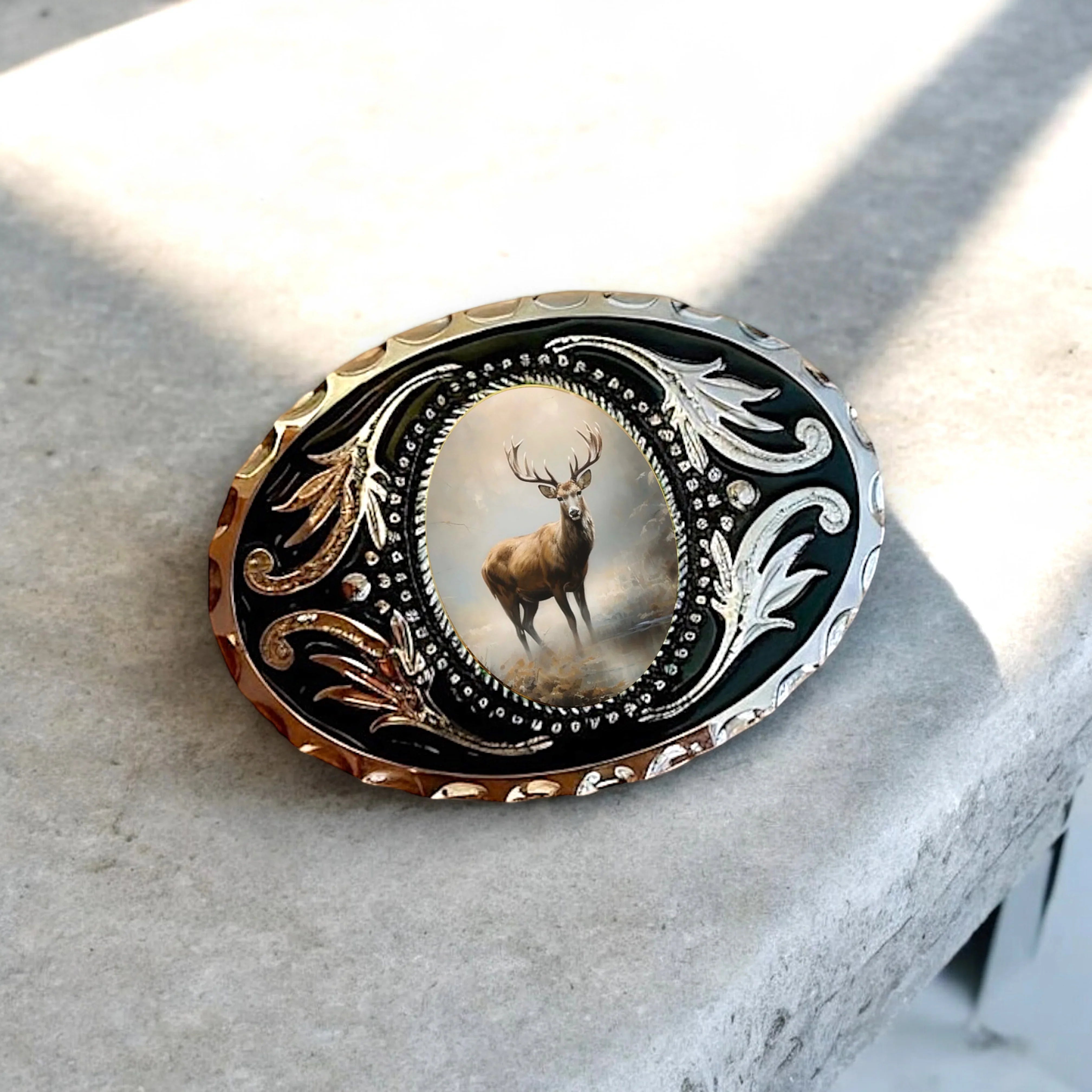 Two options for belt buckles: Option 1 has a leaf pattern and option 2 has flowers on it
