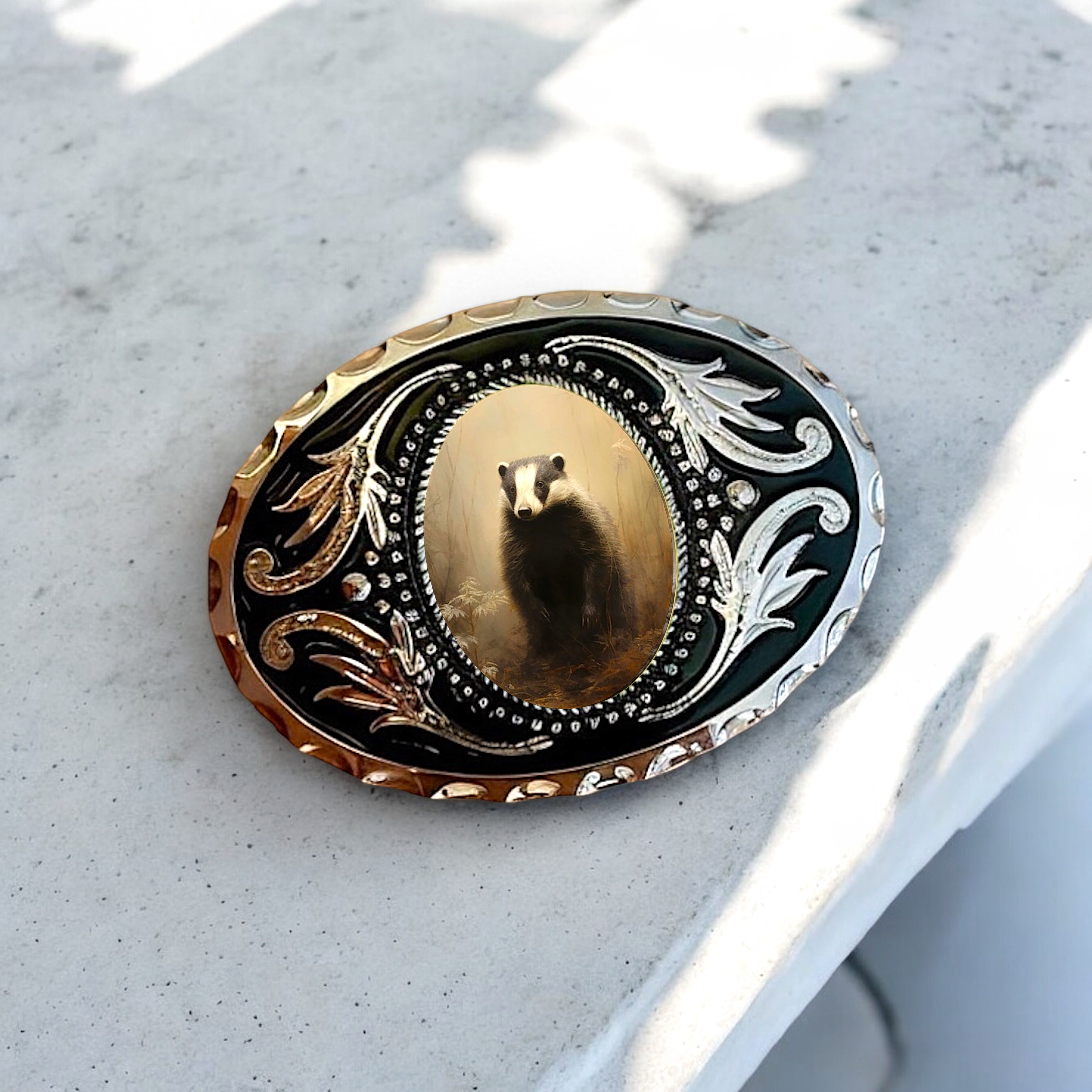 Belt Buckle Cowboy Western Accessory with Badger on a marble counter