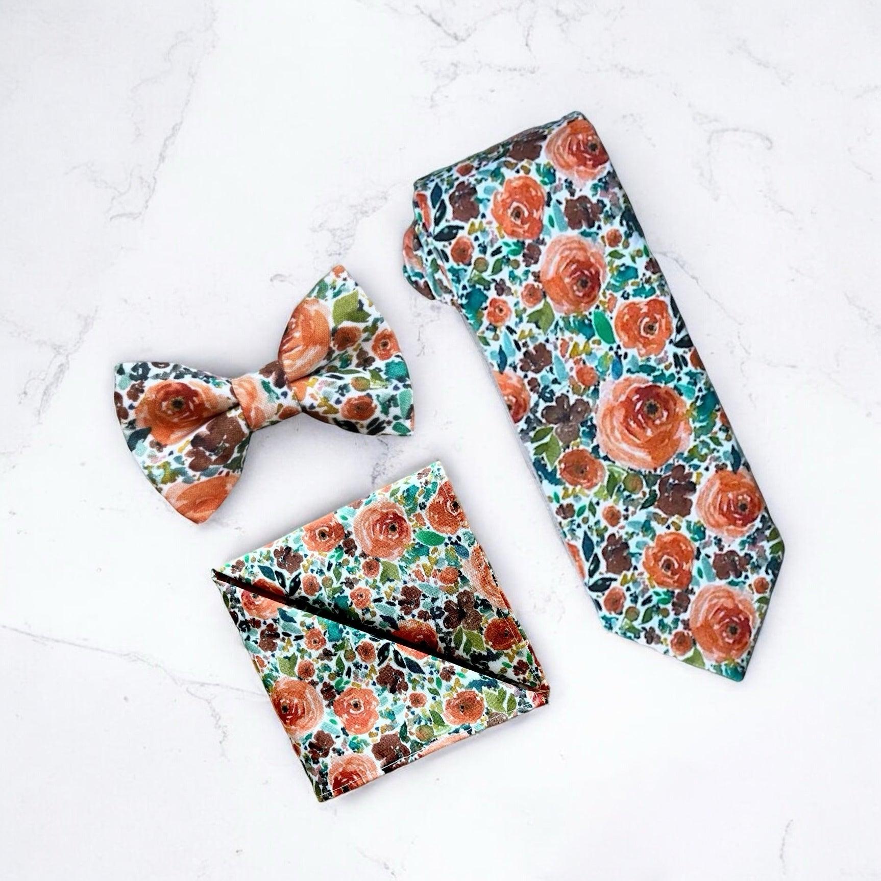 Sunset Floral Burnt Orange Men’s Tie Set for wedding