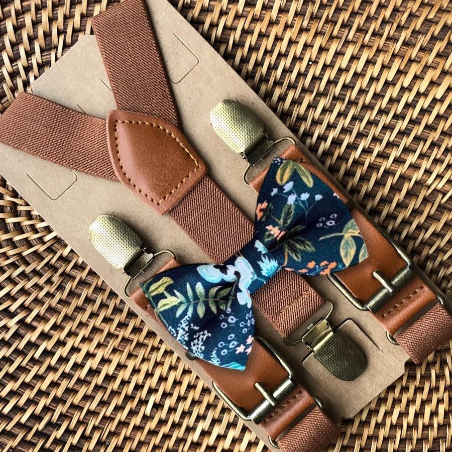 Navy floral bow tie and brown suspenders for men, toddlers and kids handmade in the USA and pre-tied, for wedding, groomsmen and ring bearer.