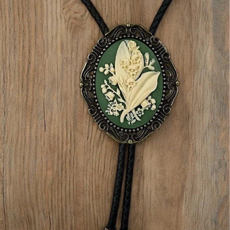 Lily of the Valley green Bolo tie with leather black cord