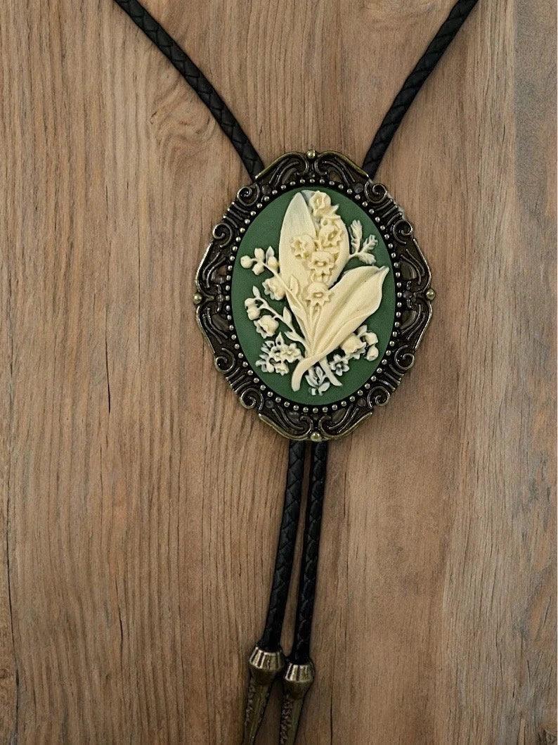 Lily of the Valley green Bolo tie with leather black cord