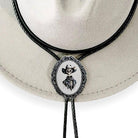 Silver Bolo Tie- Skeleton Cowboy displayed on a gray cowboy hat
