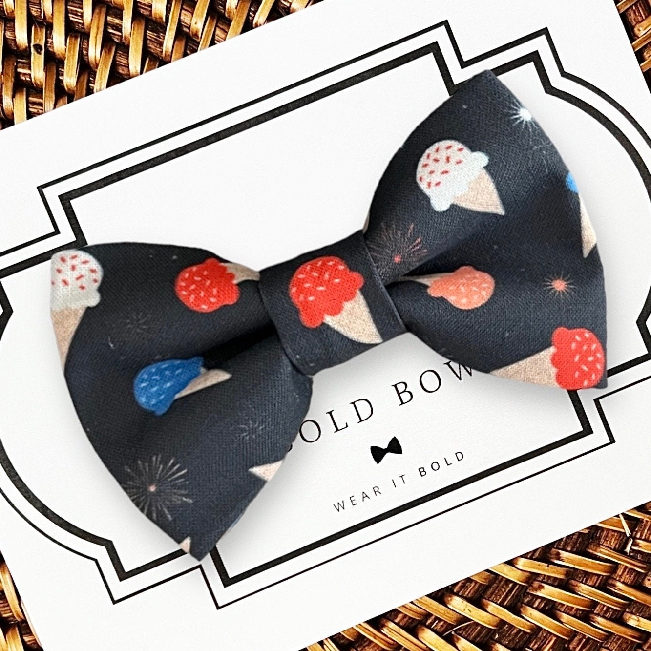 Patriotic Dog bow tie for the 4th of July with red white and blue ice creams on a navy background.