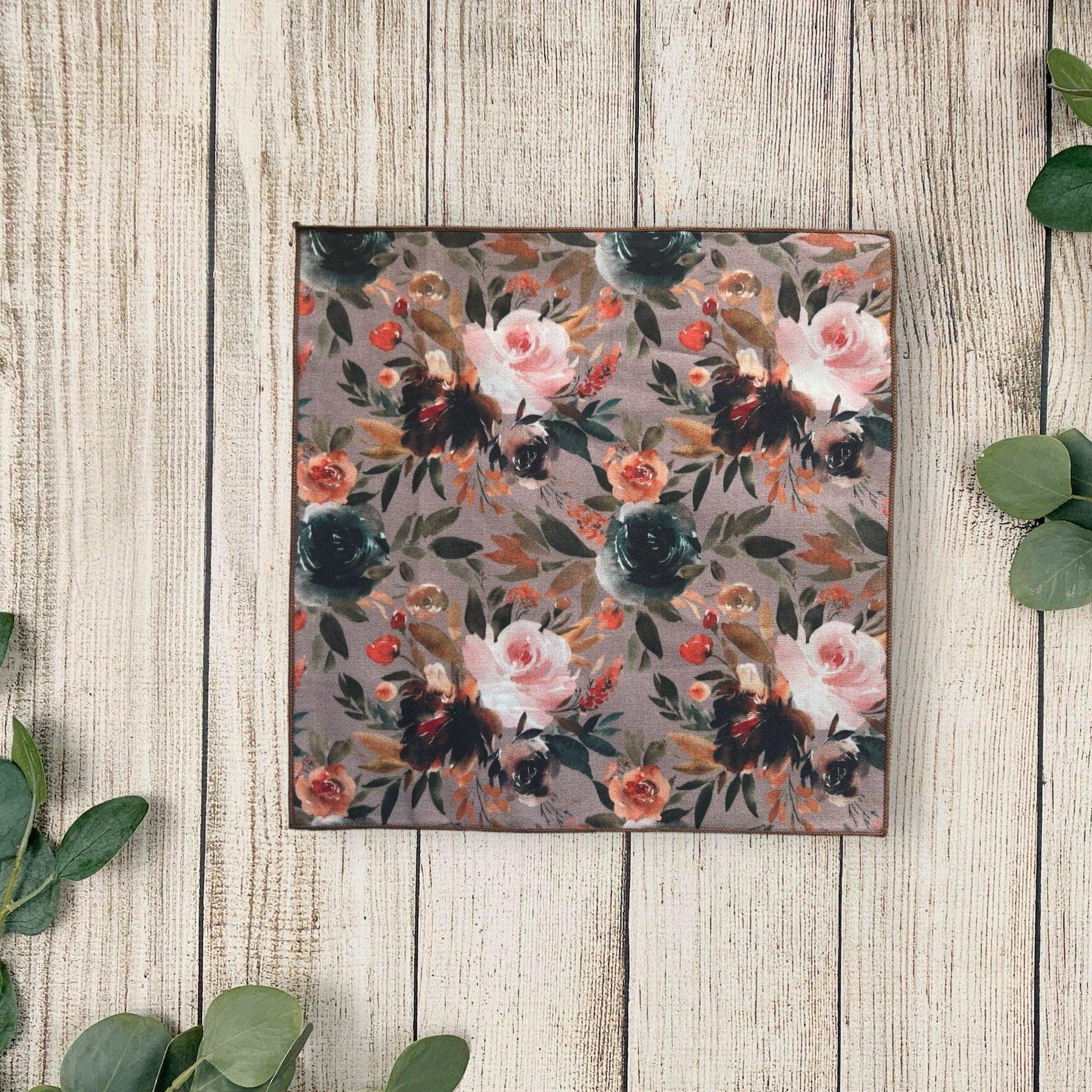 Taupe floral pocket square for wedding or special event.