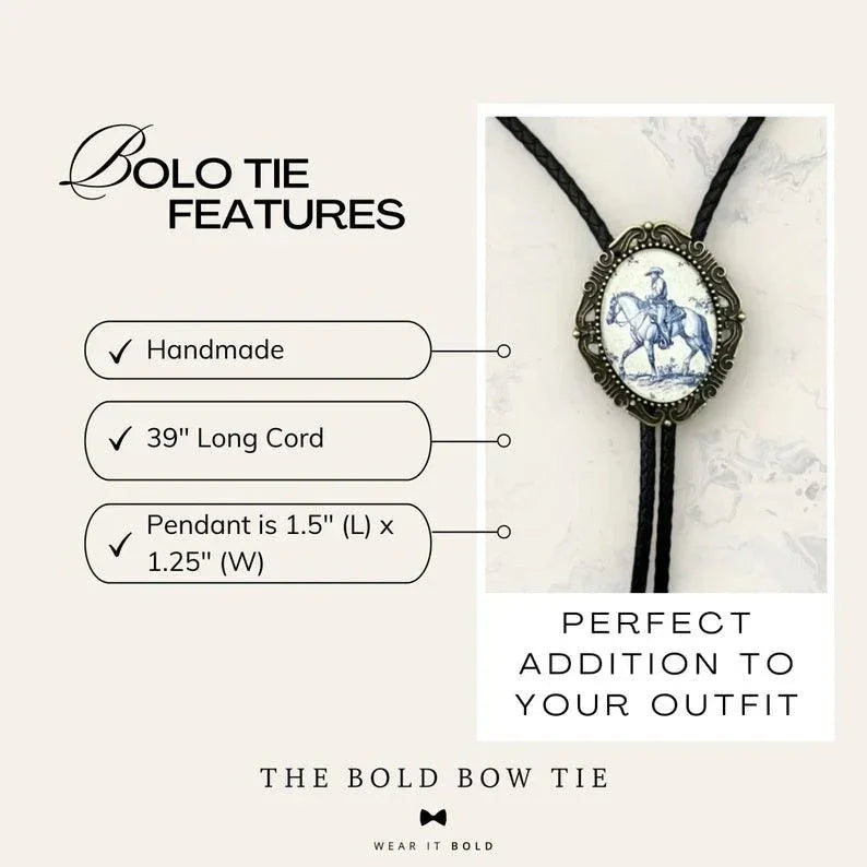 Promotional graphic from The Bold Bow Tie titled Let's Connect. Left: An oval vintage-style bolo tie with a rose illustration on a yellow background inside a bronze filigree frame on black braided cords. Circular text reads Handmade, 5-Star Rated, Premiere Customer Service. Right: Instagram icon prompts to follow @theboldbowtie and message for a coupon code. Below: Email icon encourages joining the VIP email list for news and exclusive discounts, noting the link to join is in the description.