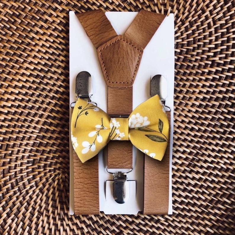 Mustard floral bow tie and brown suspenders for men, toddlers and kids handmade in the USA and pre-tied, for wedding, groomsmen and ring bearer.