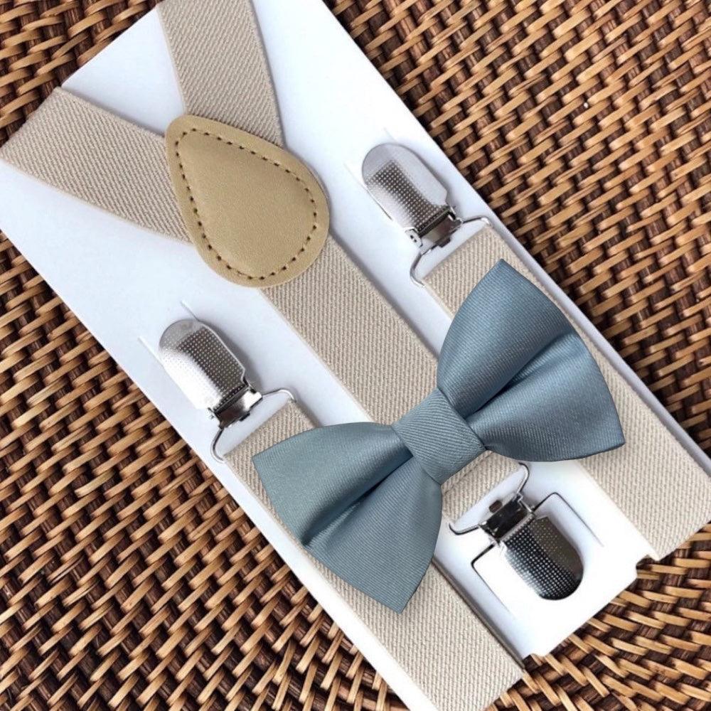 Size chart for suspender and bow tie sets from The Bold Bow Tie. Small (6mo-6yr): 18"-29" suspenders, 3.5" bow. Medium (7-12yr): 25.5"-40" suspenders, 4" bow. Adult (13yr-6ft tall): 25.5"-40" suspenders, 4.5" bow. Big & Tall (Over 6ft tall): 31"-53" suspenders, 4.5" bow. Instructions note to measure from the back waistband over the shoulder to the front waistband for a comfortable fit.