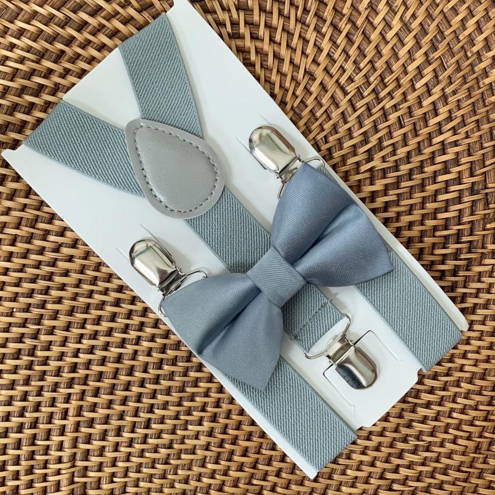 Dusty blue bow tie and light gray suspenders for men, toddlers and kids handmade in the USA and pre-tied, for wedding, groomsmen and ring bearer.