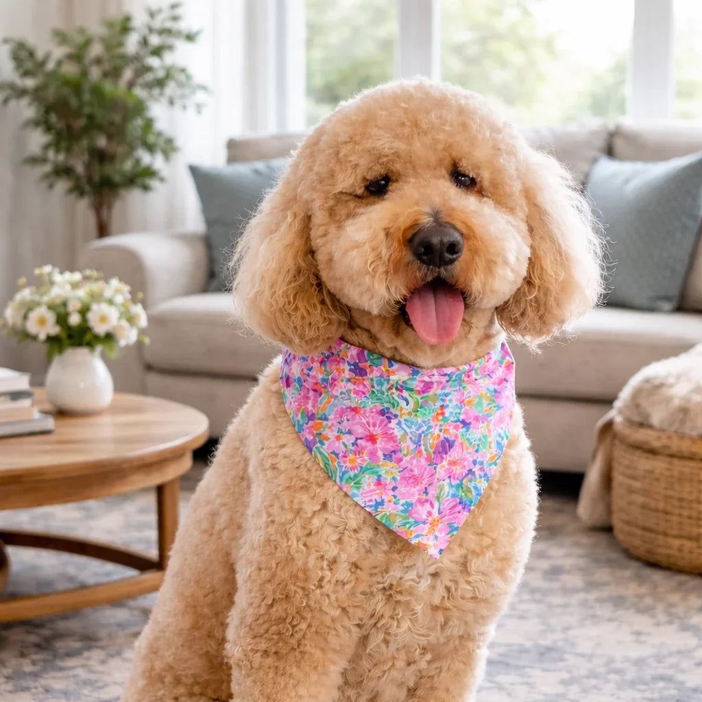 Dog wearing a preppy dog bandana from The Bold Bow Tie sitting on a rug in a living room.