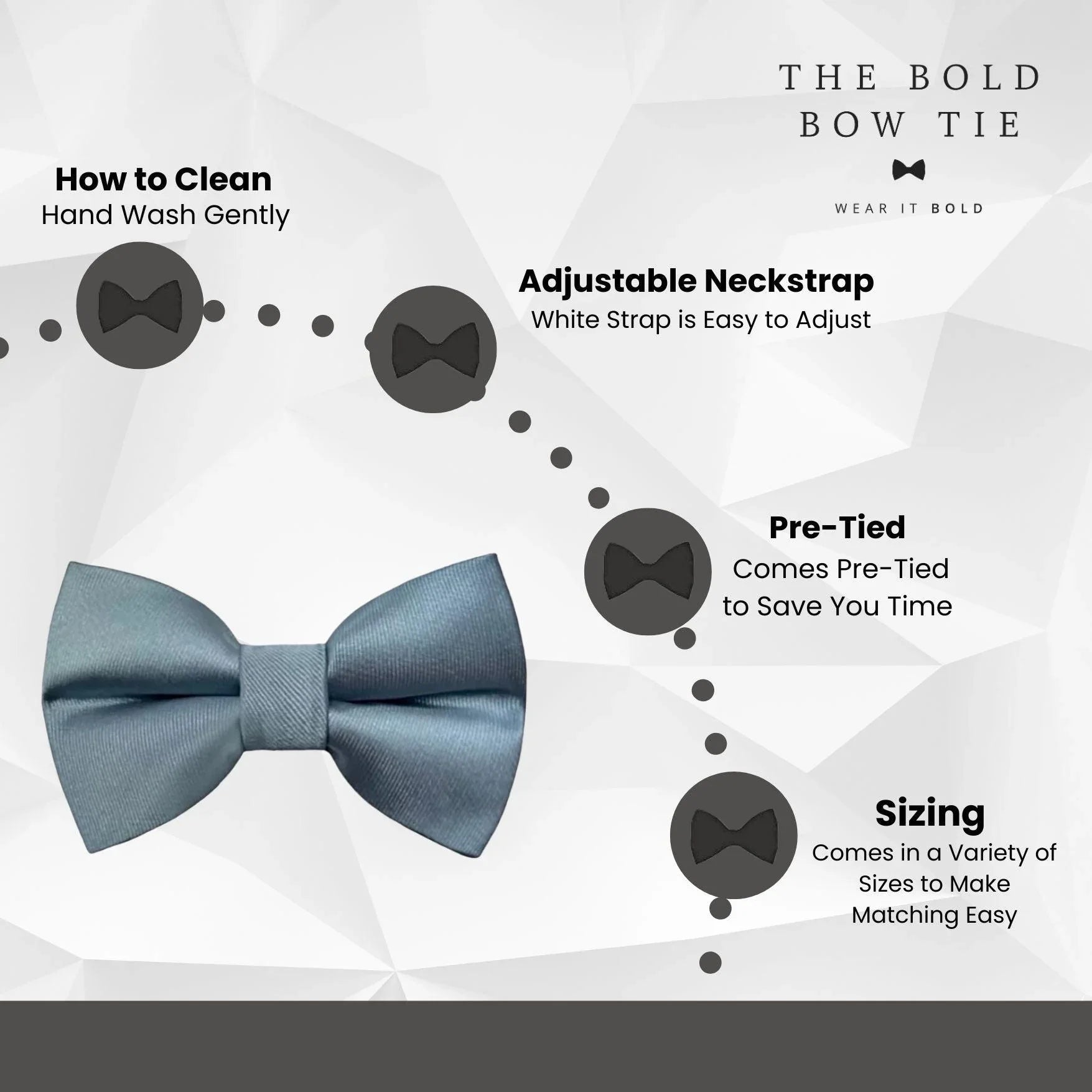 Size chart for pre-tied bow ties from The Bold Bow Tie detailing measurements across three sizes. Small is 3.5 inches wide and recommended for ages 6 months to 5 years. Medium is 4 inches wide and recommended for ages 6 to 12 years. Large is 4.5 inches wide and recommended for ages 13 years and up. Visual icons illustrate the relative sizes with horizontal arrows showing that width is measured from wingtip to wingtip. Bottom text notes that all bow ties are pre-tied and ready to add to your outfit.