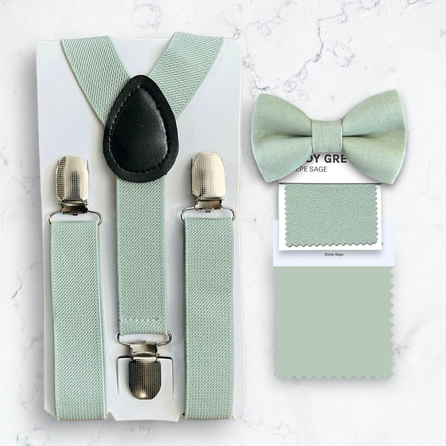 Sage green bow tie and sage suspenders for men, toddlers and kids handmade in the USA and pre-tied, for wedding, groomsmen and ring bearer.