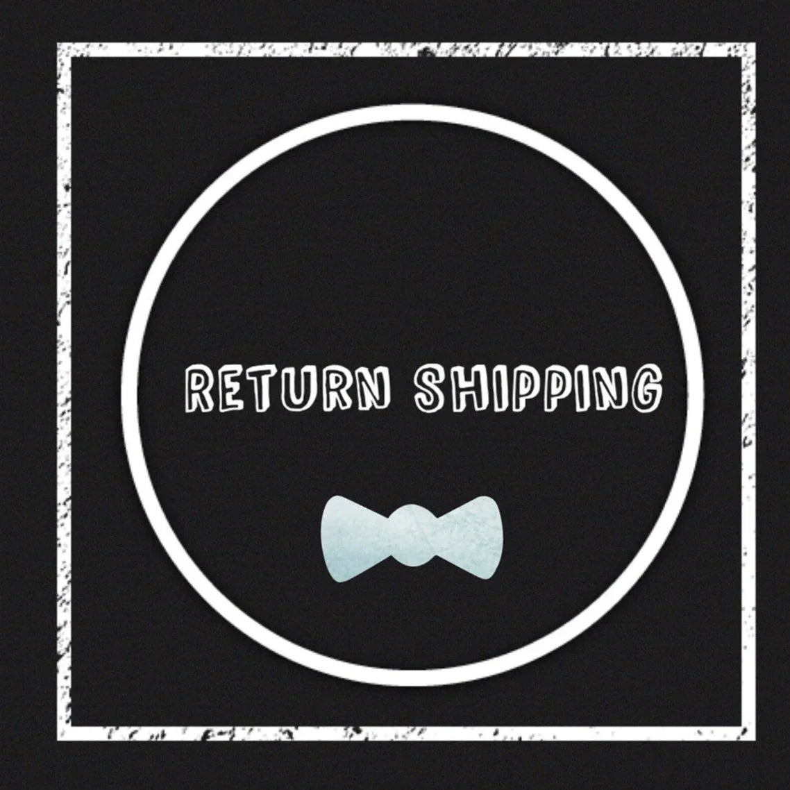 Return shipping label with a bow tie icon on a black background