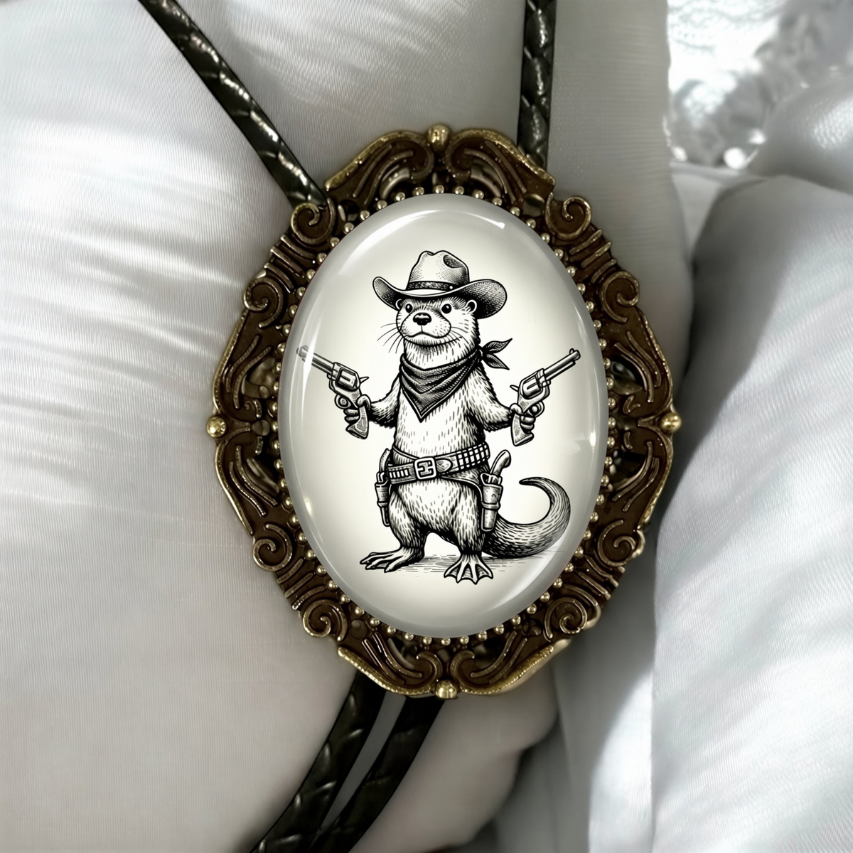 Otter bolo tie with genuine leather cord.