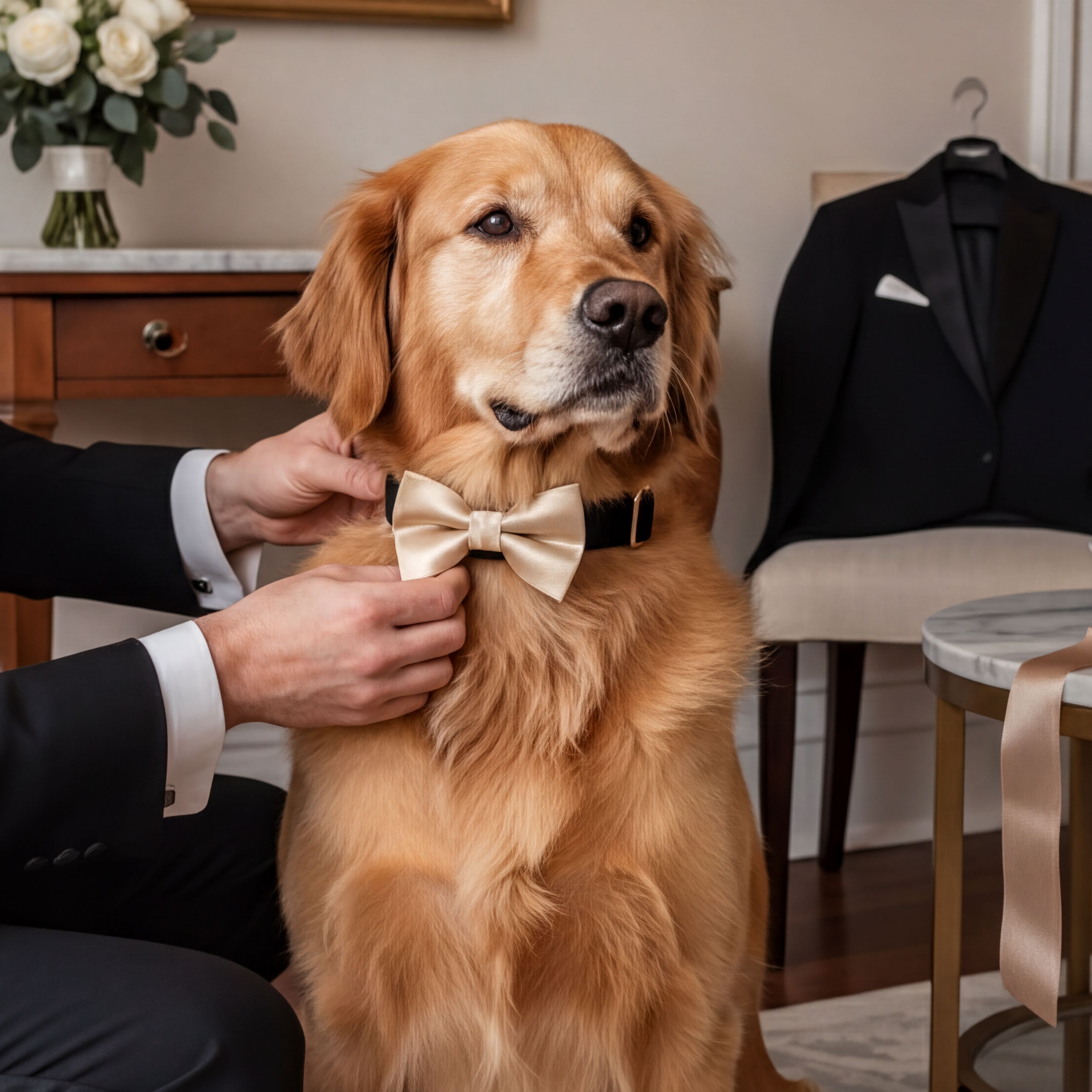 A golden retriever wearing a gold bow tie is being dressed by a person in a tuxedo, with a tuxedo jacket and tie visible in the background.