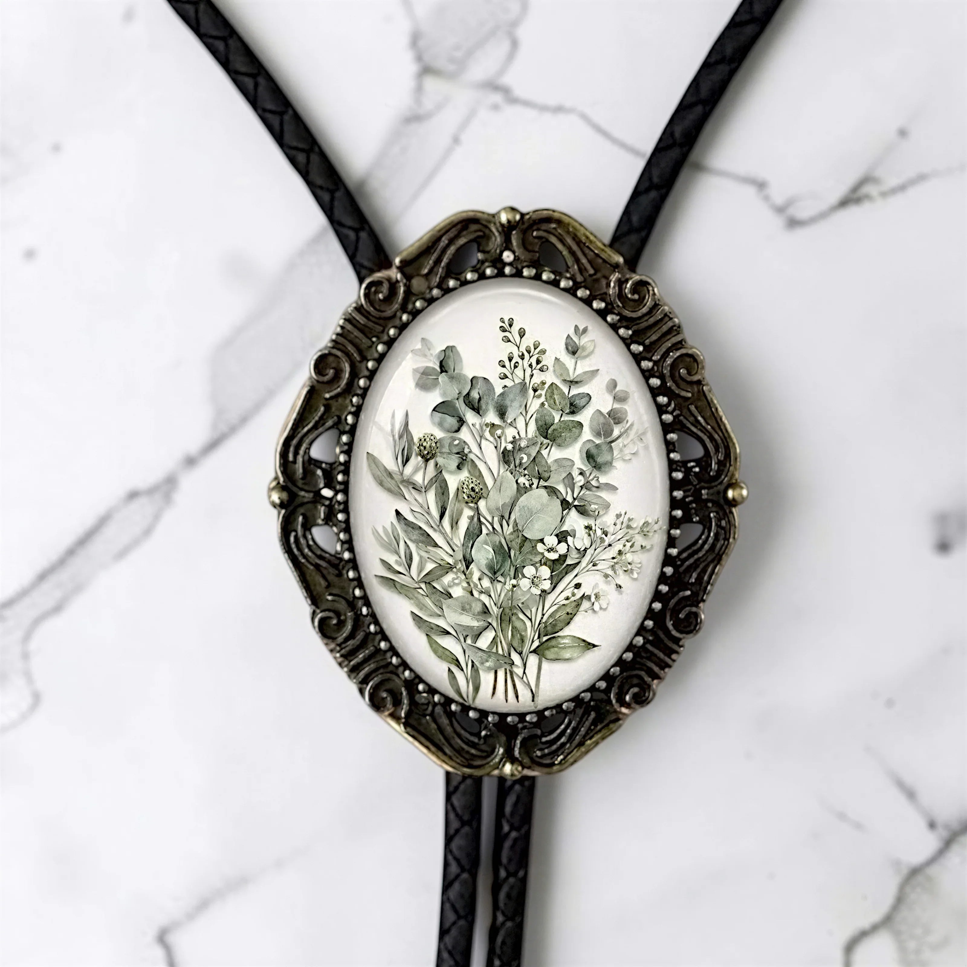 Bolo tie with sage and eucalyptus flowers for weddings and rustic wedding tie.