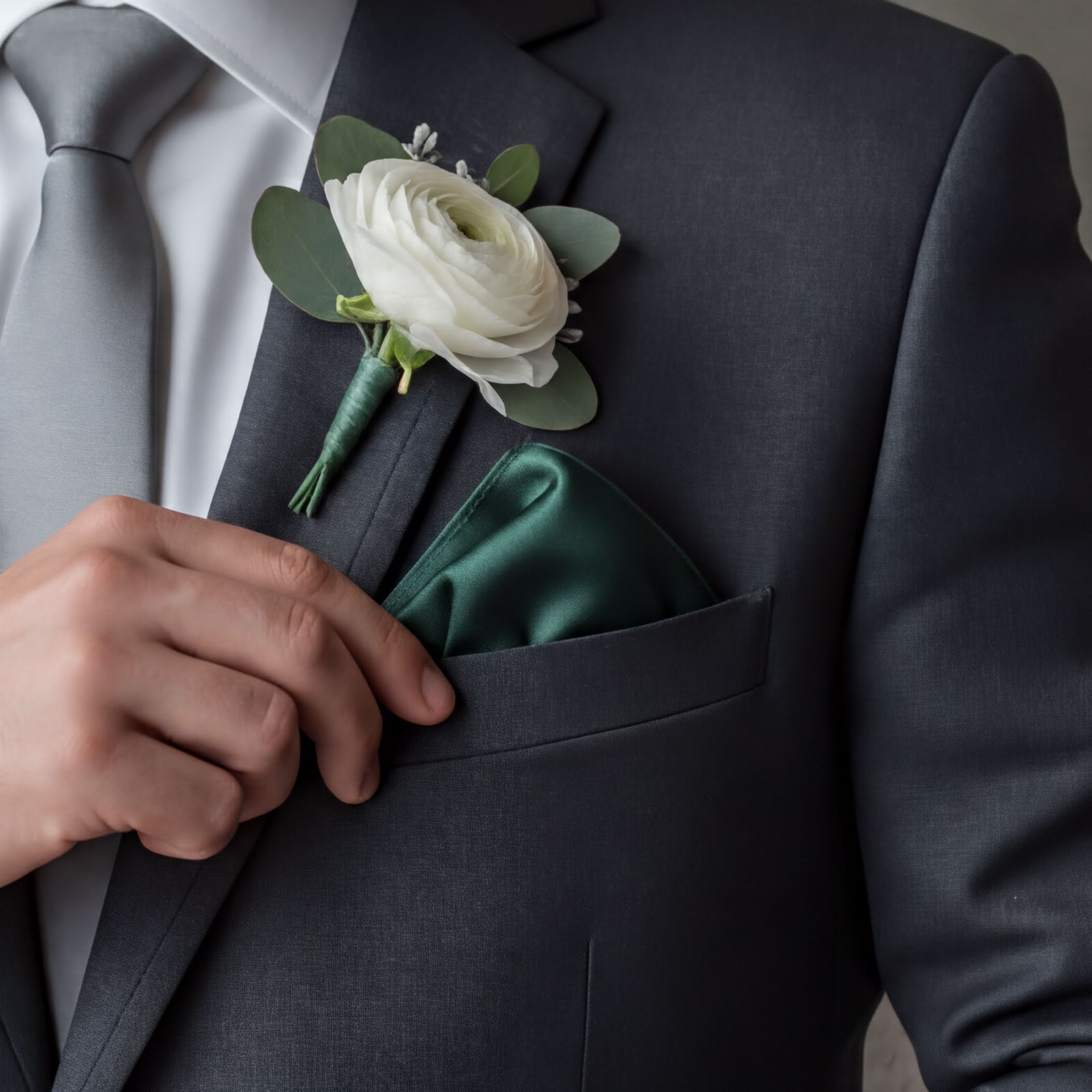 A close-up of a man's hand holding a green napkin in his suit jacket pocket, with a white rose boutonniere pinned to the lapel.