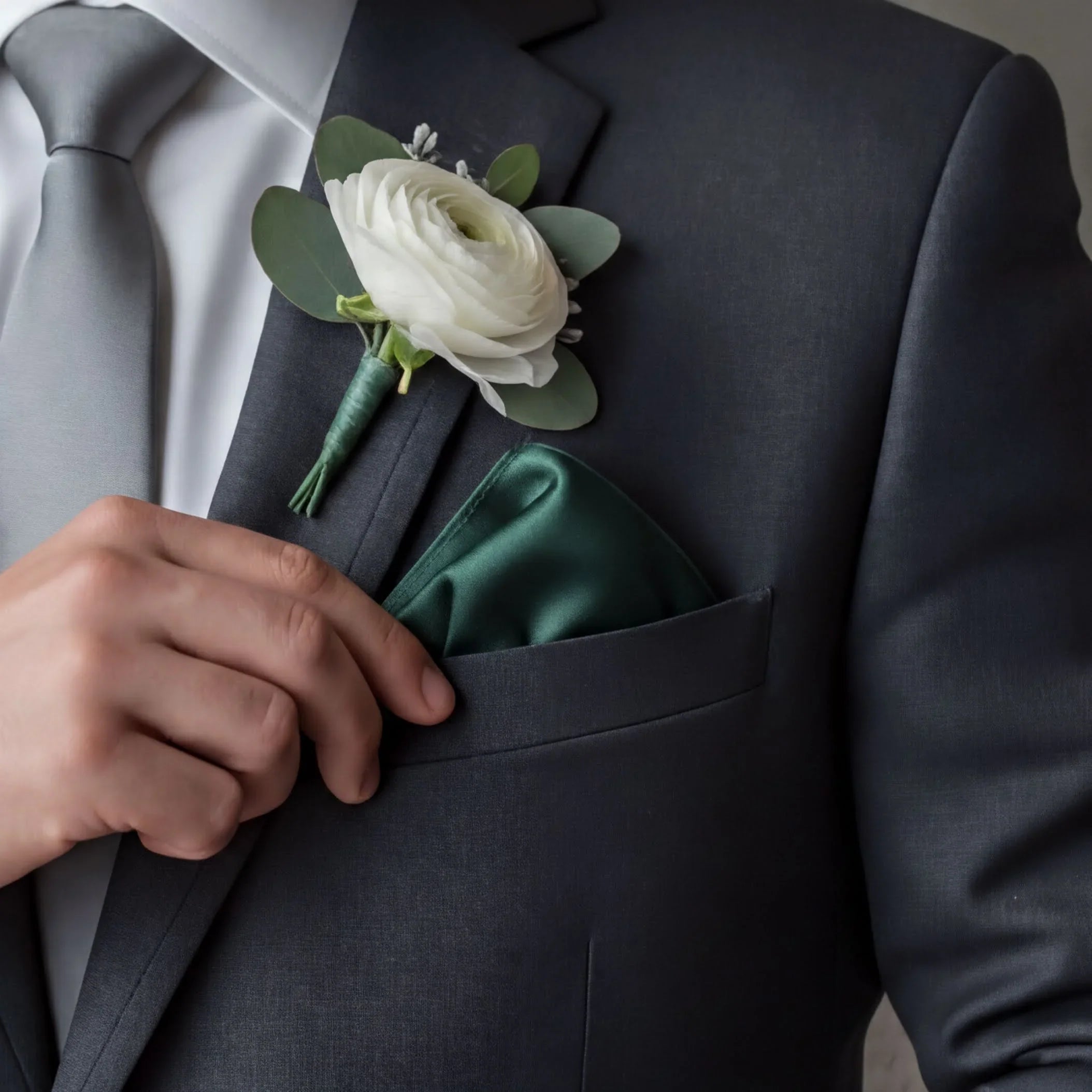 A close-up of a man's hand holding a green napkin in his suit jacket pocket, with a white rose boutonniere pinned to the lapel.