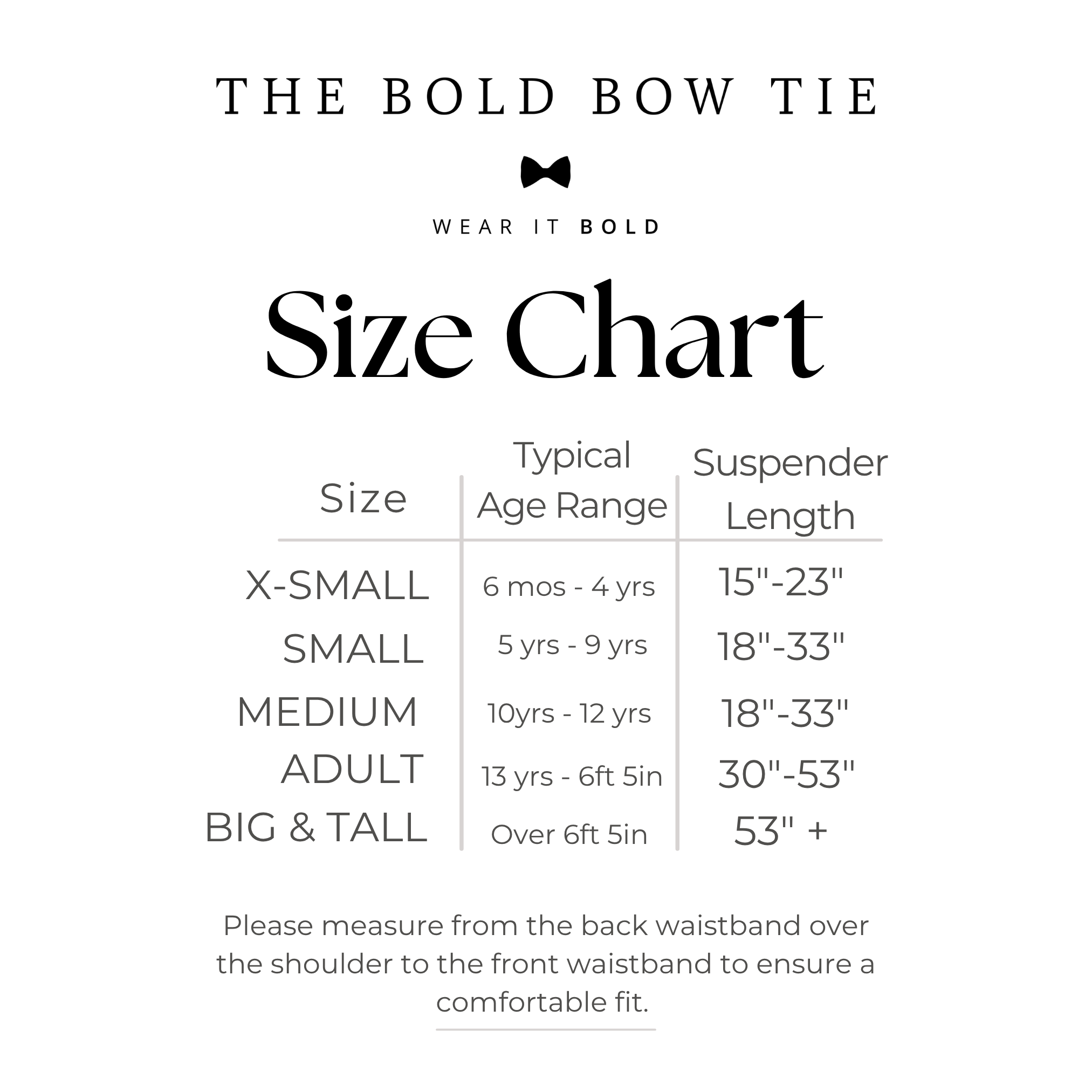 The image is a size chart that provides the typical age range and length for different bow tie styles, including X-small, small, medium, adult, big & tall, and over 6 feet tall. It is designed to help customers find the appropriate bow tie size based on their age and height.