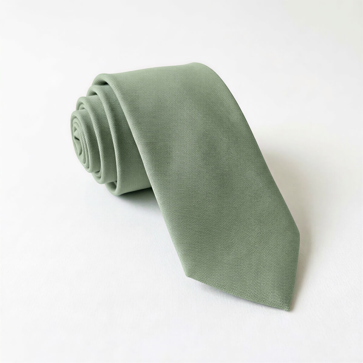 Sage tie for men rolled up on a white background.