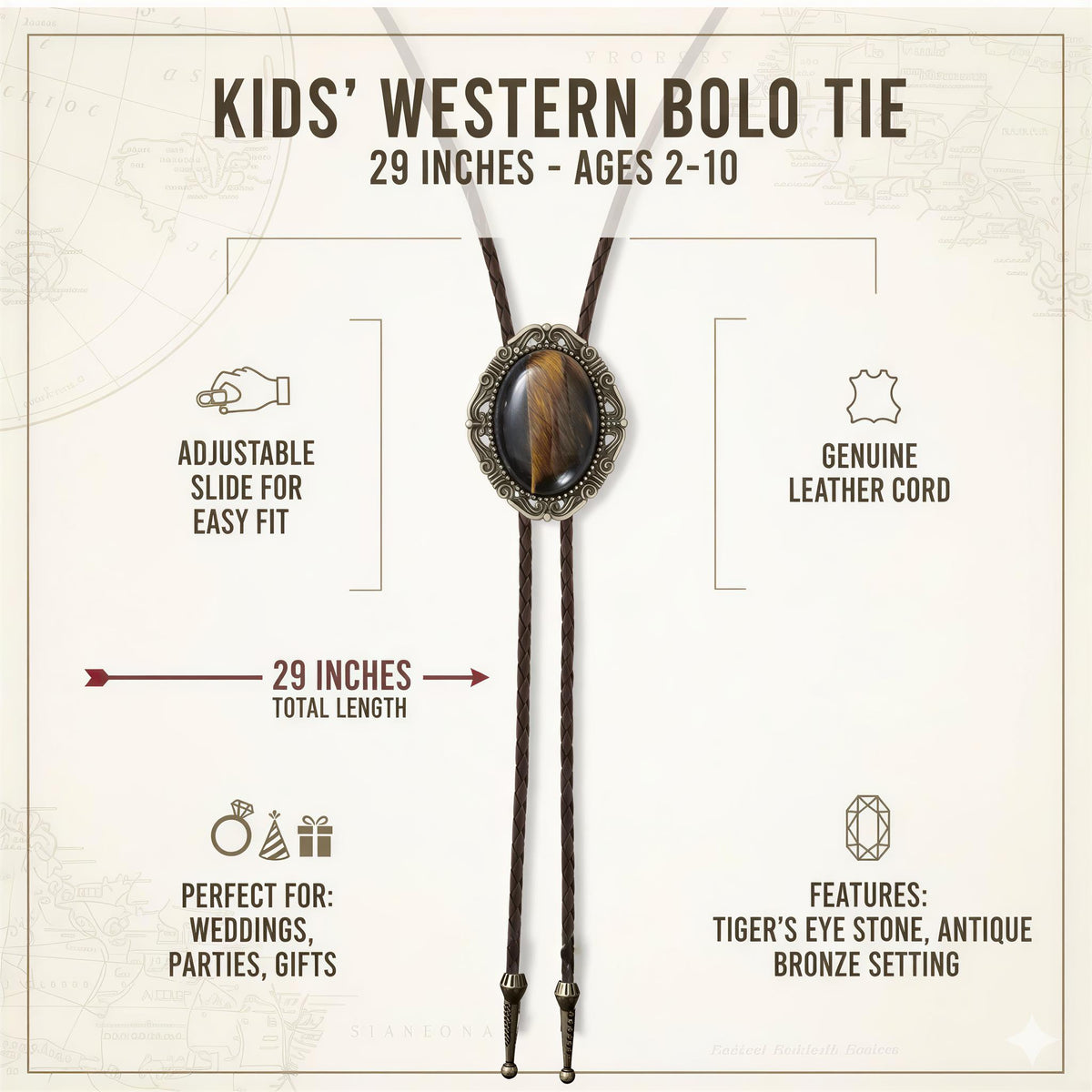 The image is a detailed description of a 29-inch kids' Western Bolo tie, including its adjustable slide for easy fit, genuine leather cord, total length, and features such as perfect for weddings, parties, and gifts.