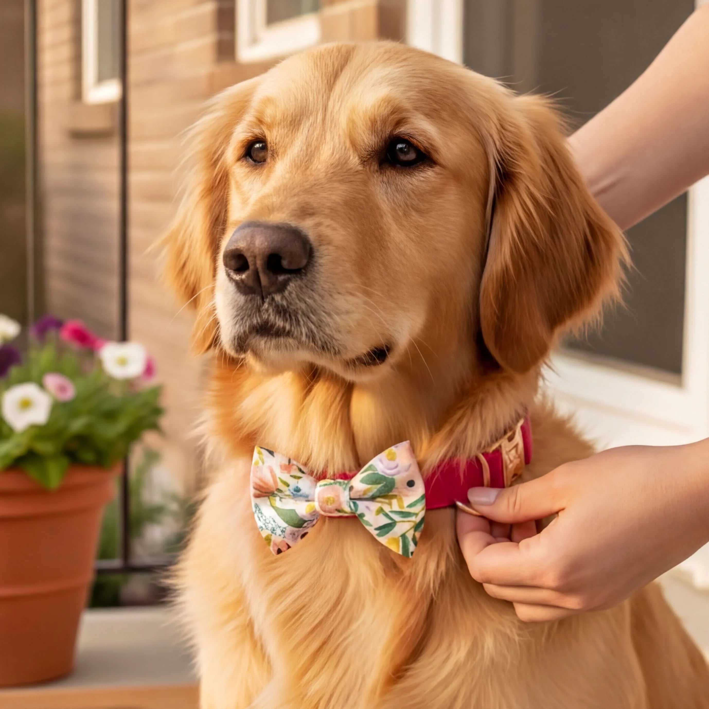 A golden retriever wearing a floral bow tie is being adjusted by a person's hand.