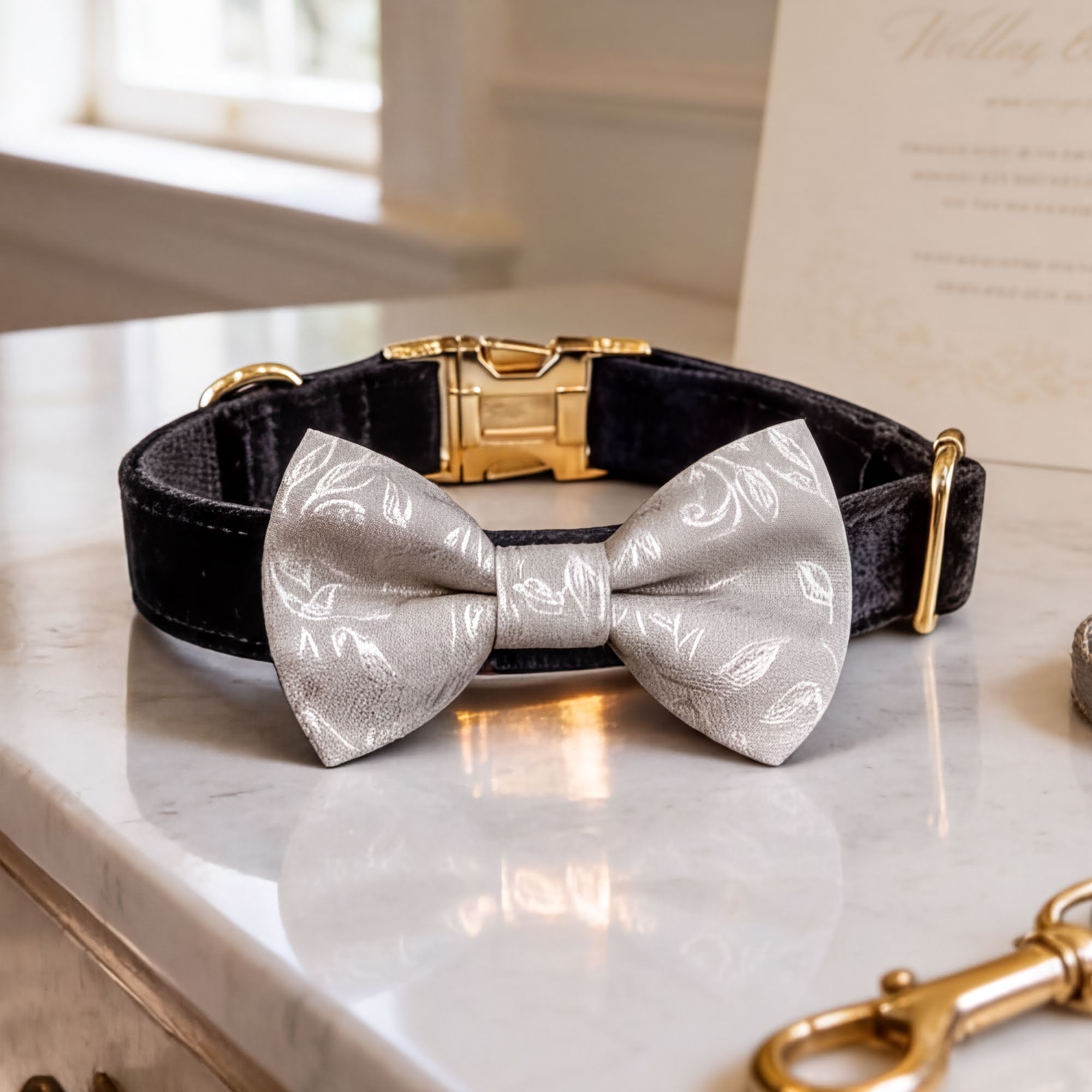A black velvet dog collar with a gold buckle and a white bow tie with a floral pattern are displayed on a marble countertop.