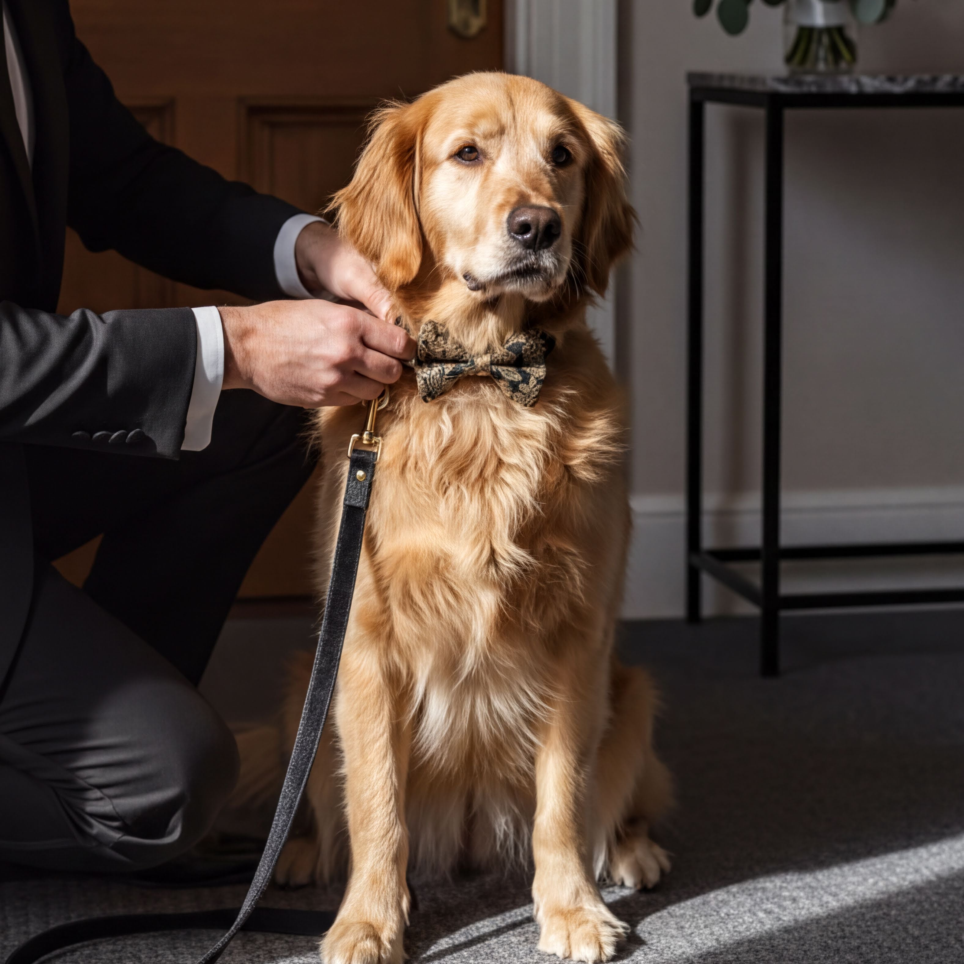 A golden retriever wearing a bow tie is being dressed by a person in a suit, with a leash attached to the dog.