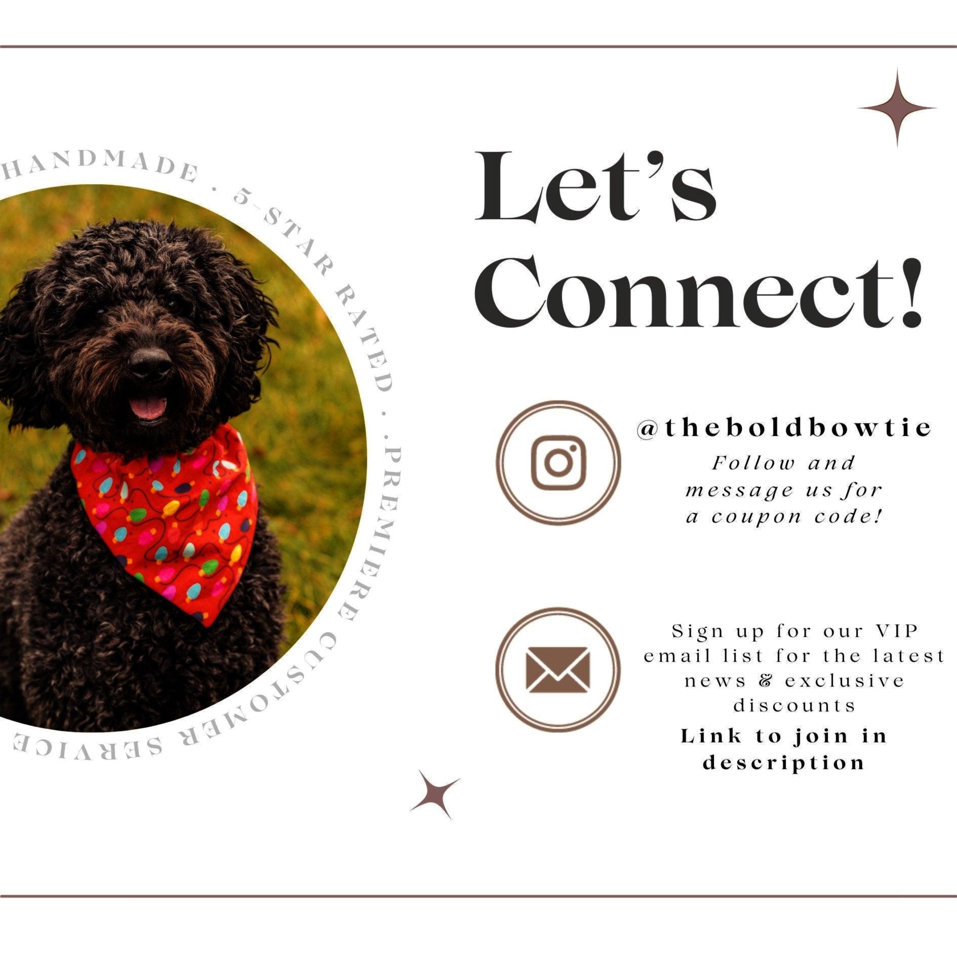 Marketing collage showing a dog wearing the bandana and branding text