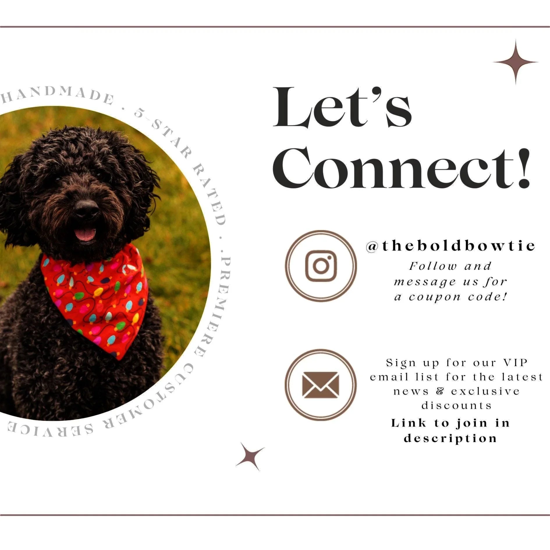 Dog wearing a red multicolor confetti patterned bandana in a white marketing layout