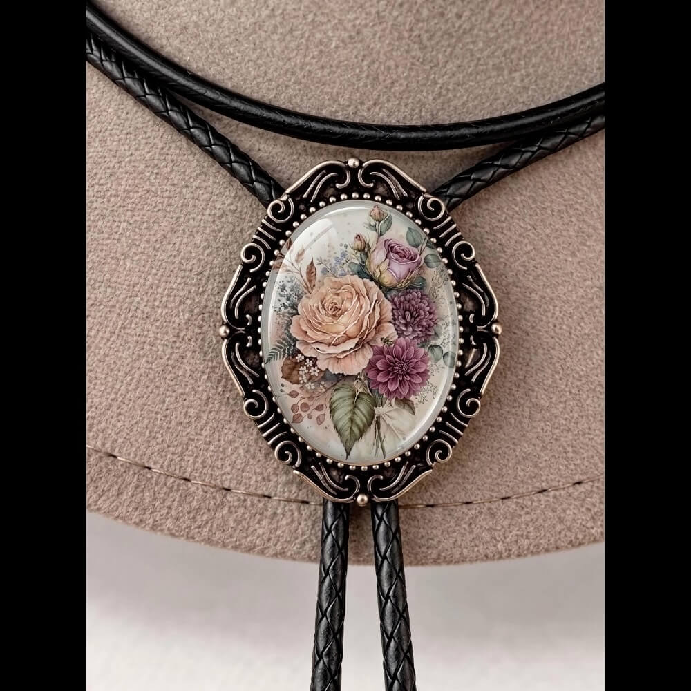 A close-up image of a decorative pendant or brooch with a floral design, attached to a leather cord or chain.