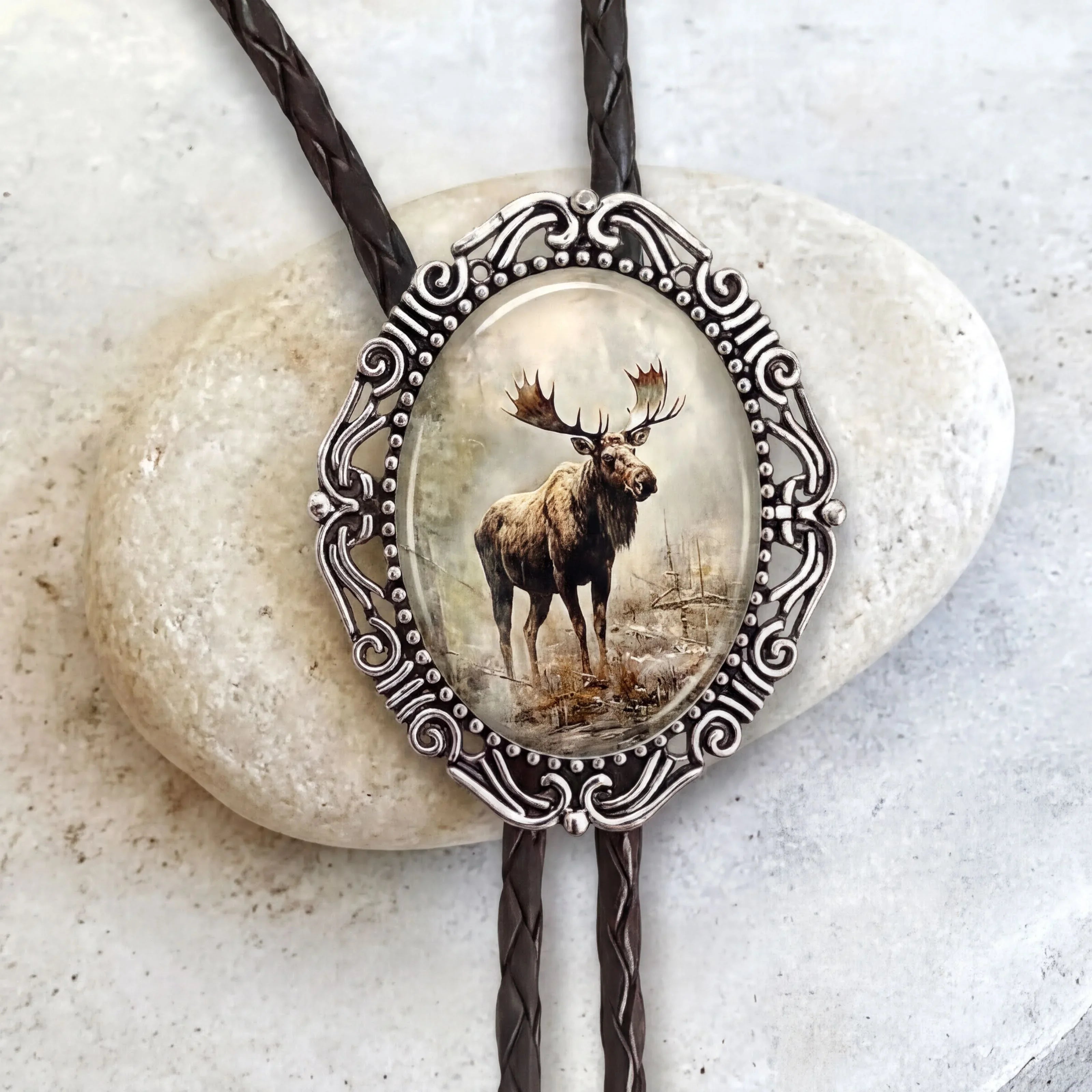 Bolo tie with moose in silver with leather cord.