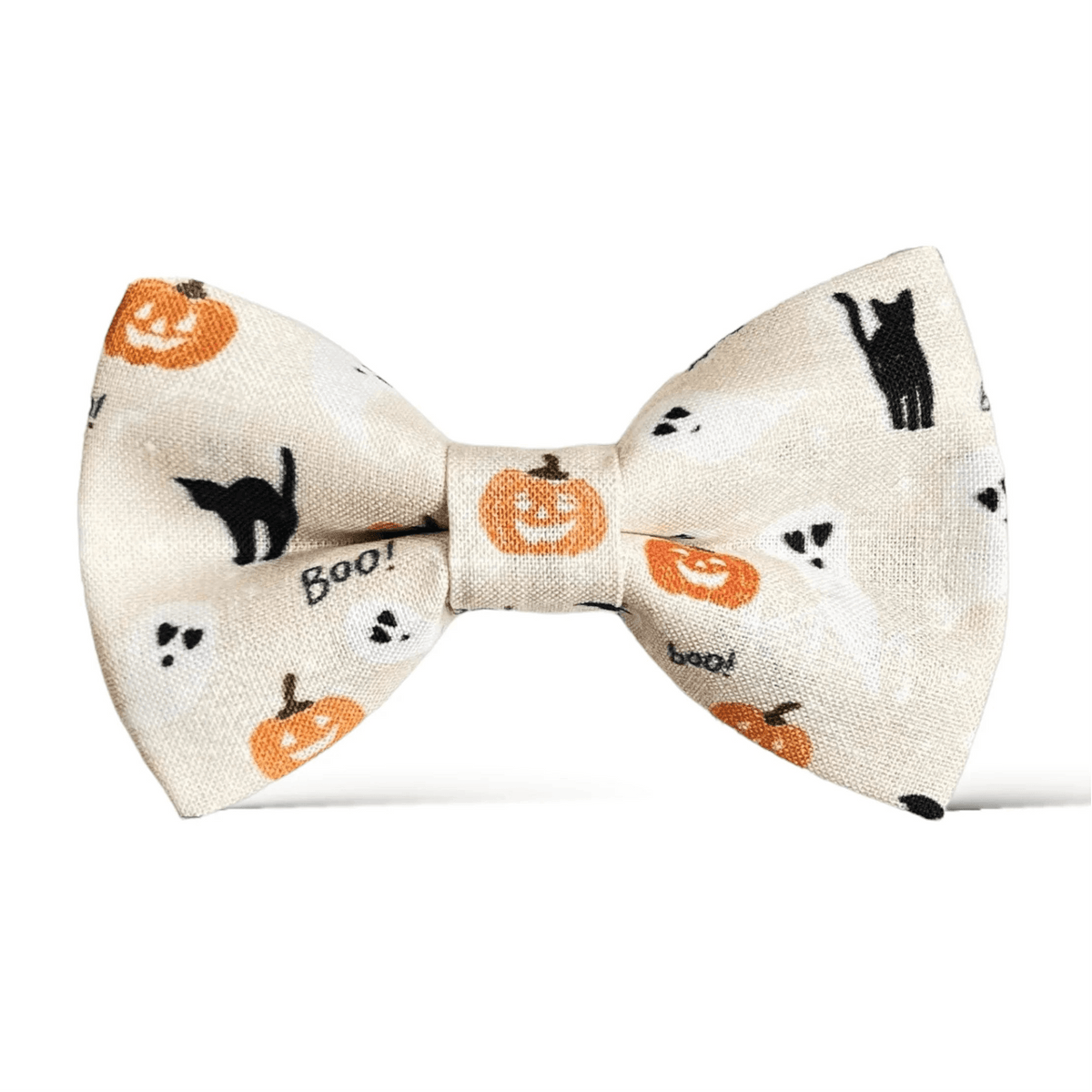 Boho Halloween Bow tie with pumpkins, ghosts and black cats.
