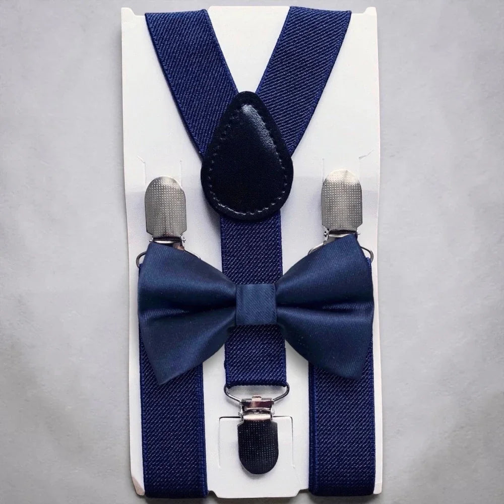Navy bow tie and suspenders for men, toddlers, wedding groomsmen.