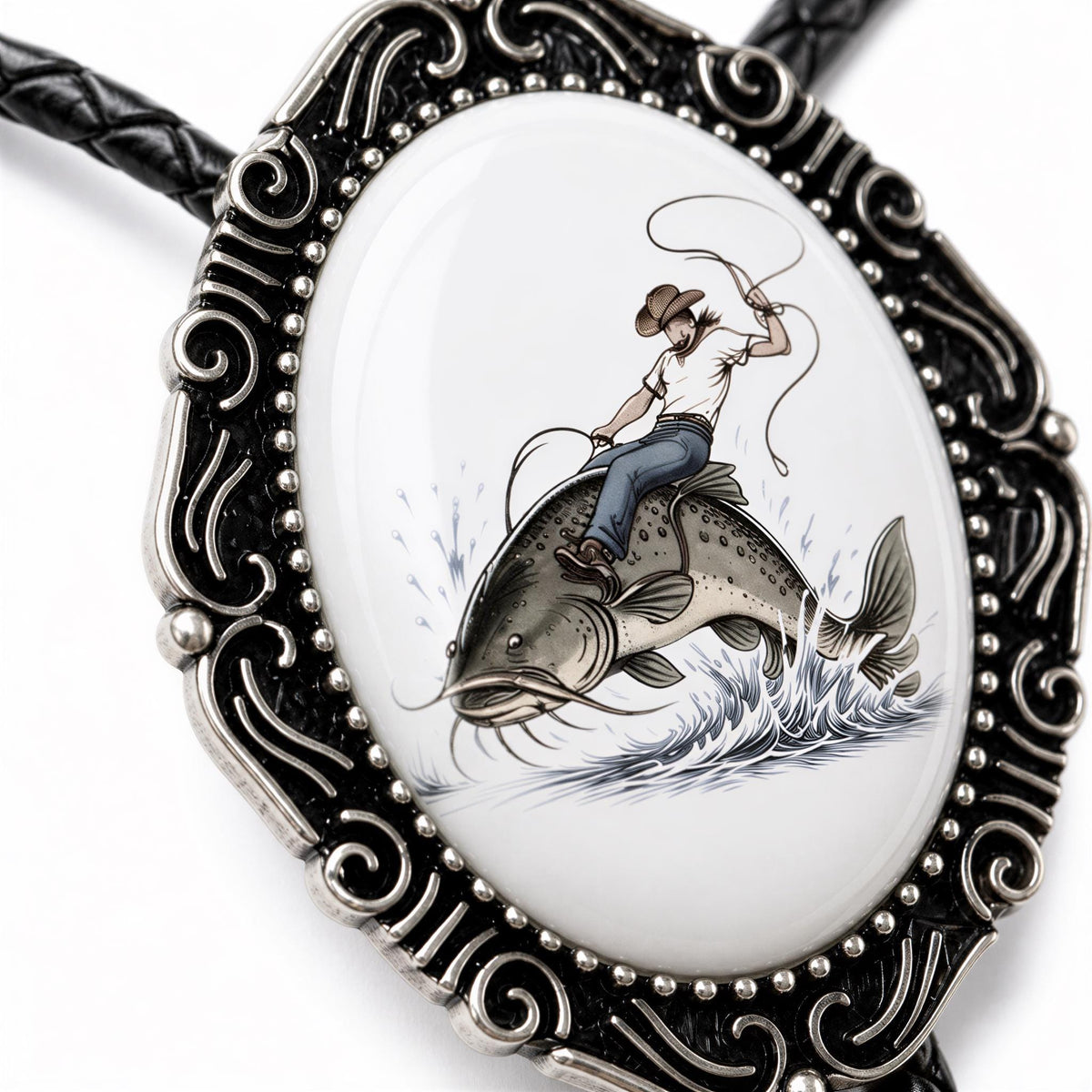 A decorative pendant featuring a cowboy riding a fish, with a detailed metal frame surrounding the image.