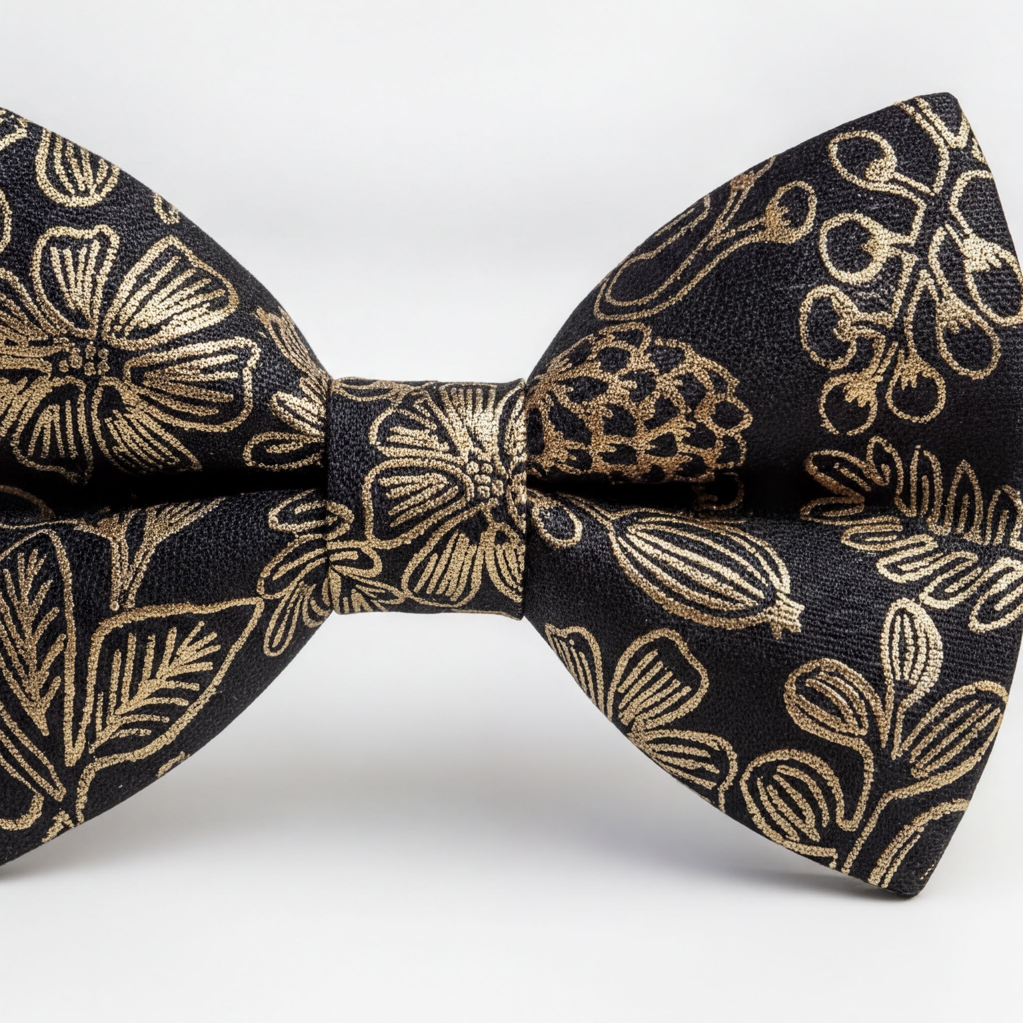 A close-up image of a black bow tie with a gold floral pattern.