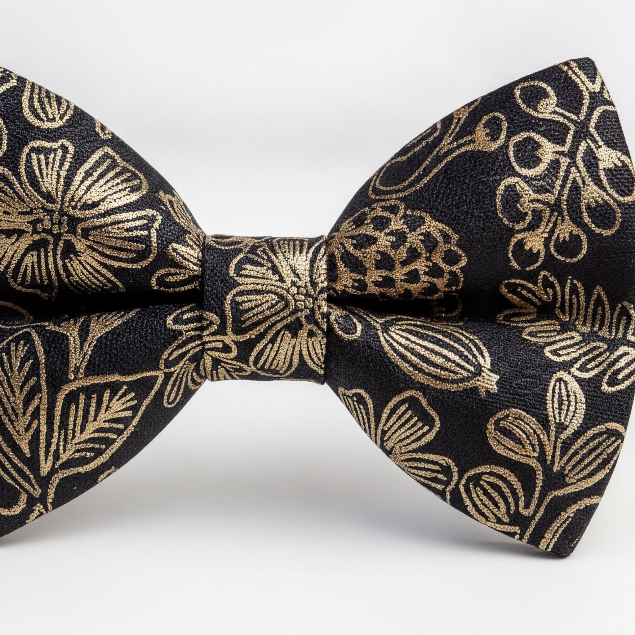 A close-up image of a black bow tie with a gold floral pattern.