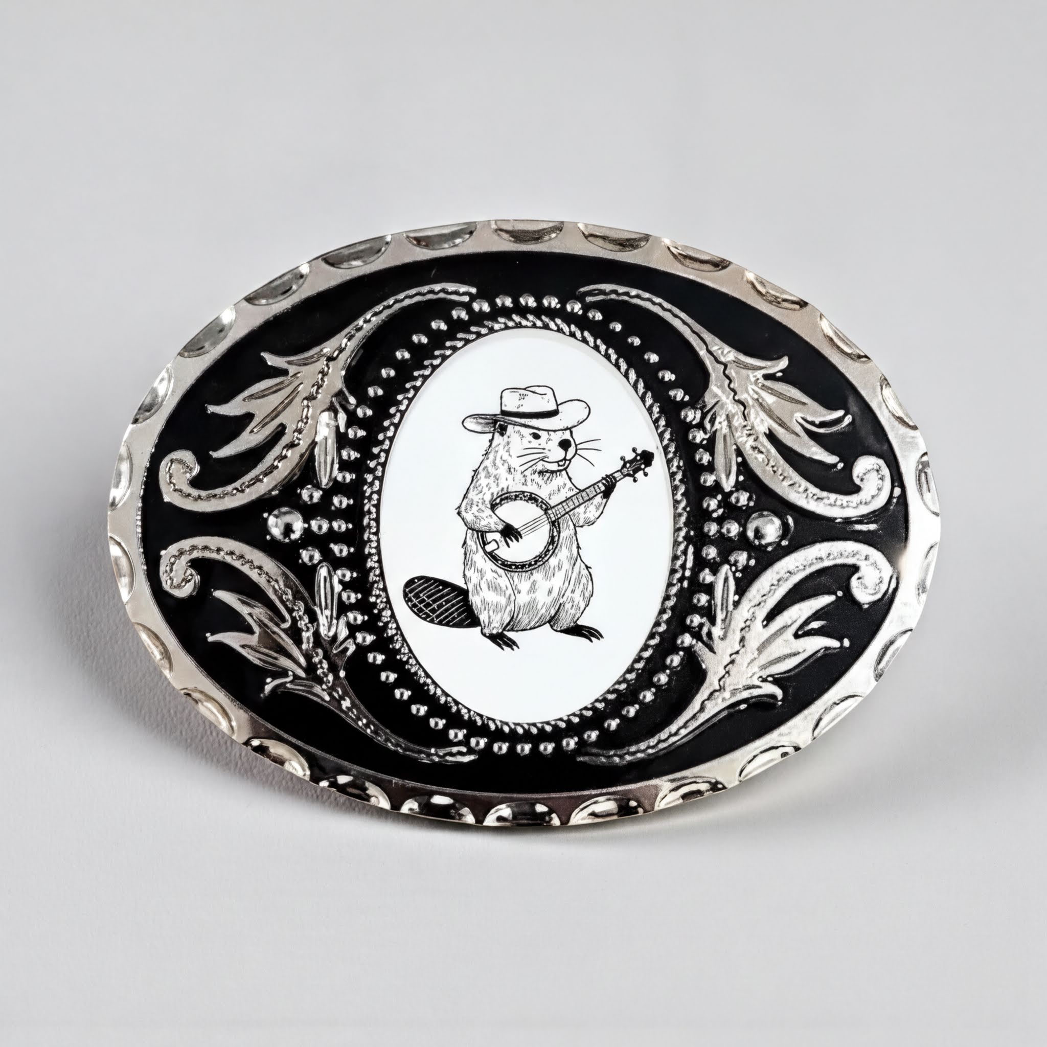 A decorative metal buckle featuring a cartoon image of a beaver playing a banjo.