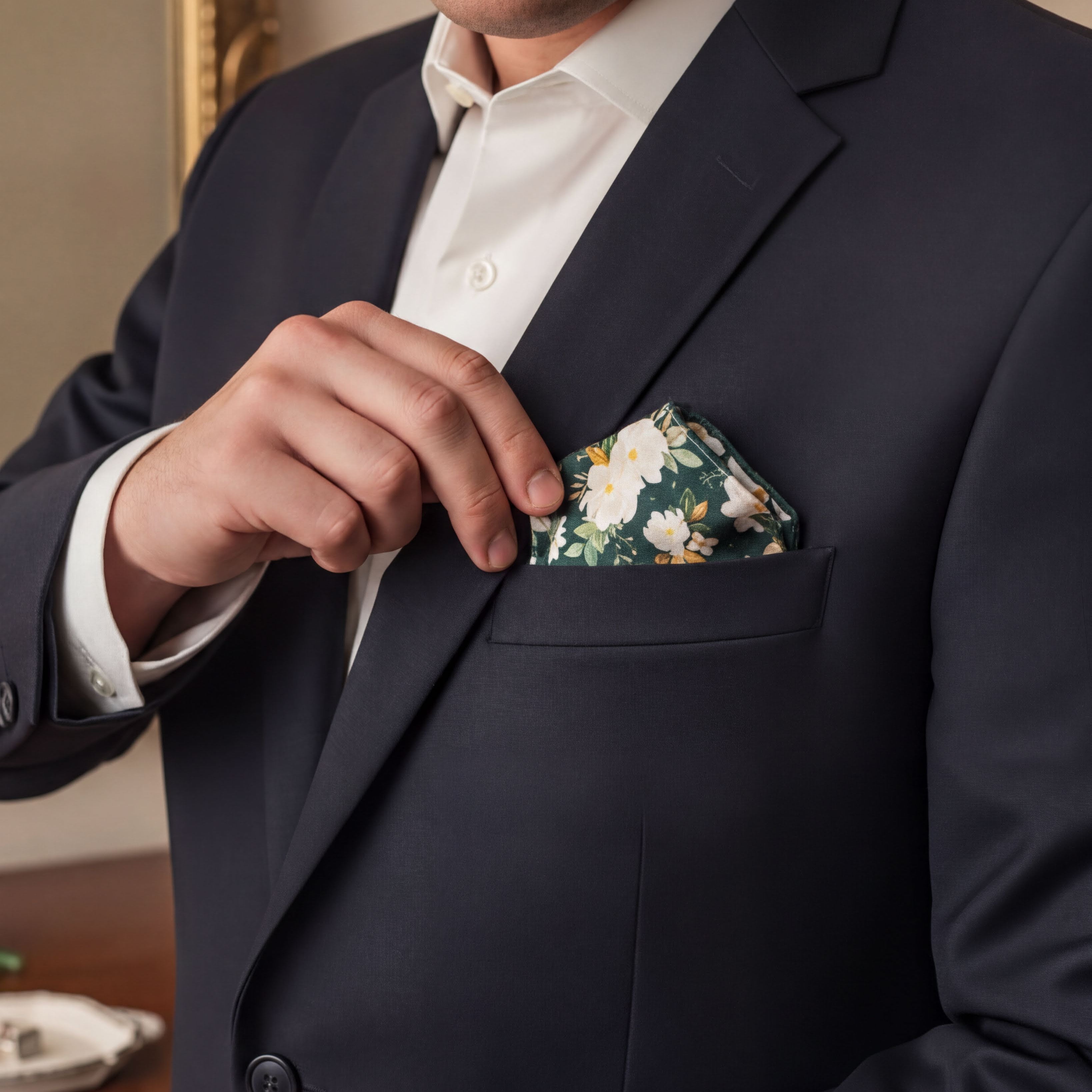 A groomsman in a dark suit jacket is holding a pocket square with a floral pattern.